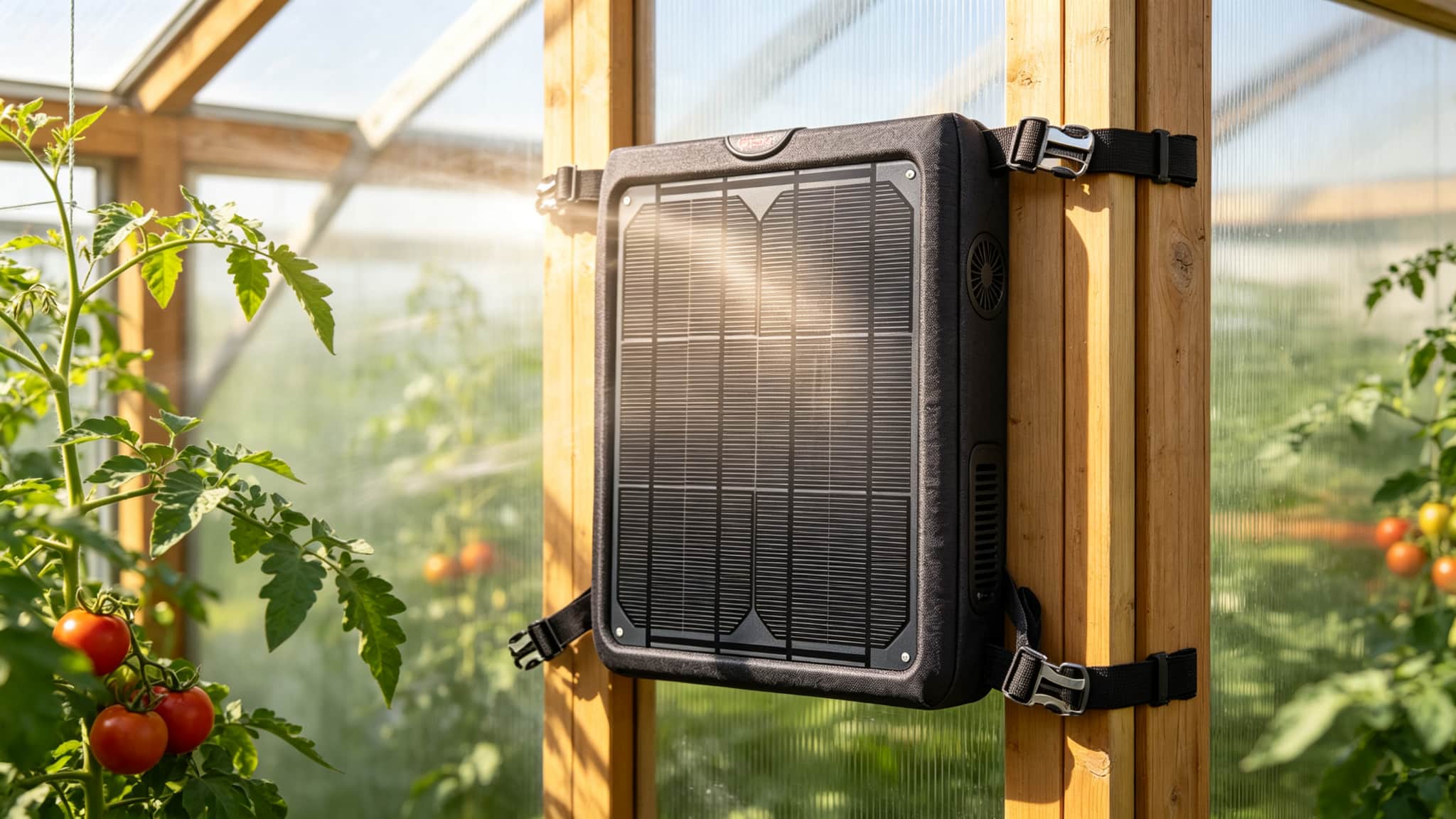 portable solar fan with black flexible solar panel and four quick-release straps secured to a greenhouse wooden frame, panel facing direct sunlight, fan vent visible on the side