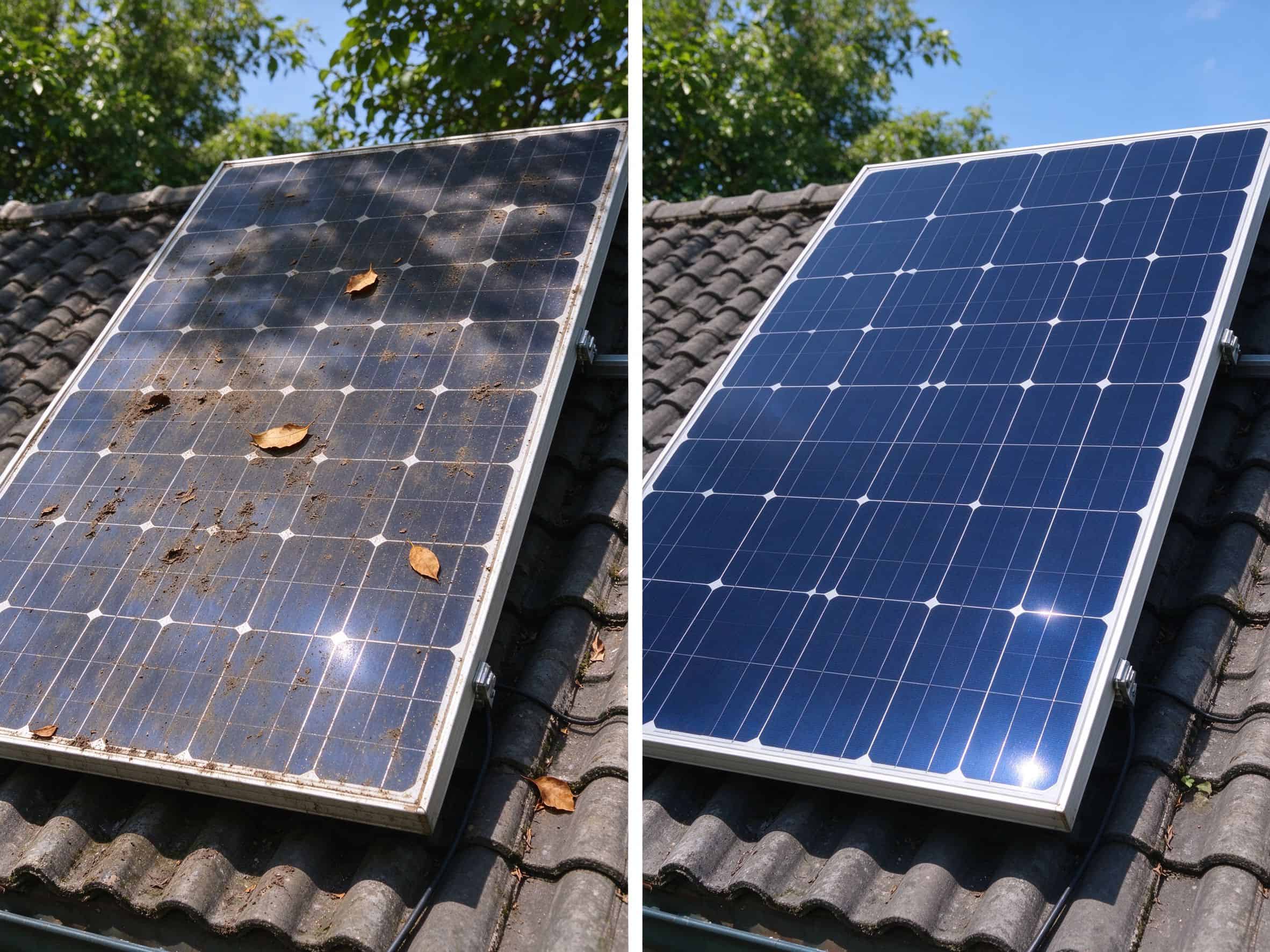 Side by side comparison of a dirty solar panel with leaves and dust on the left and a clean glossy panel on the right