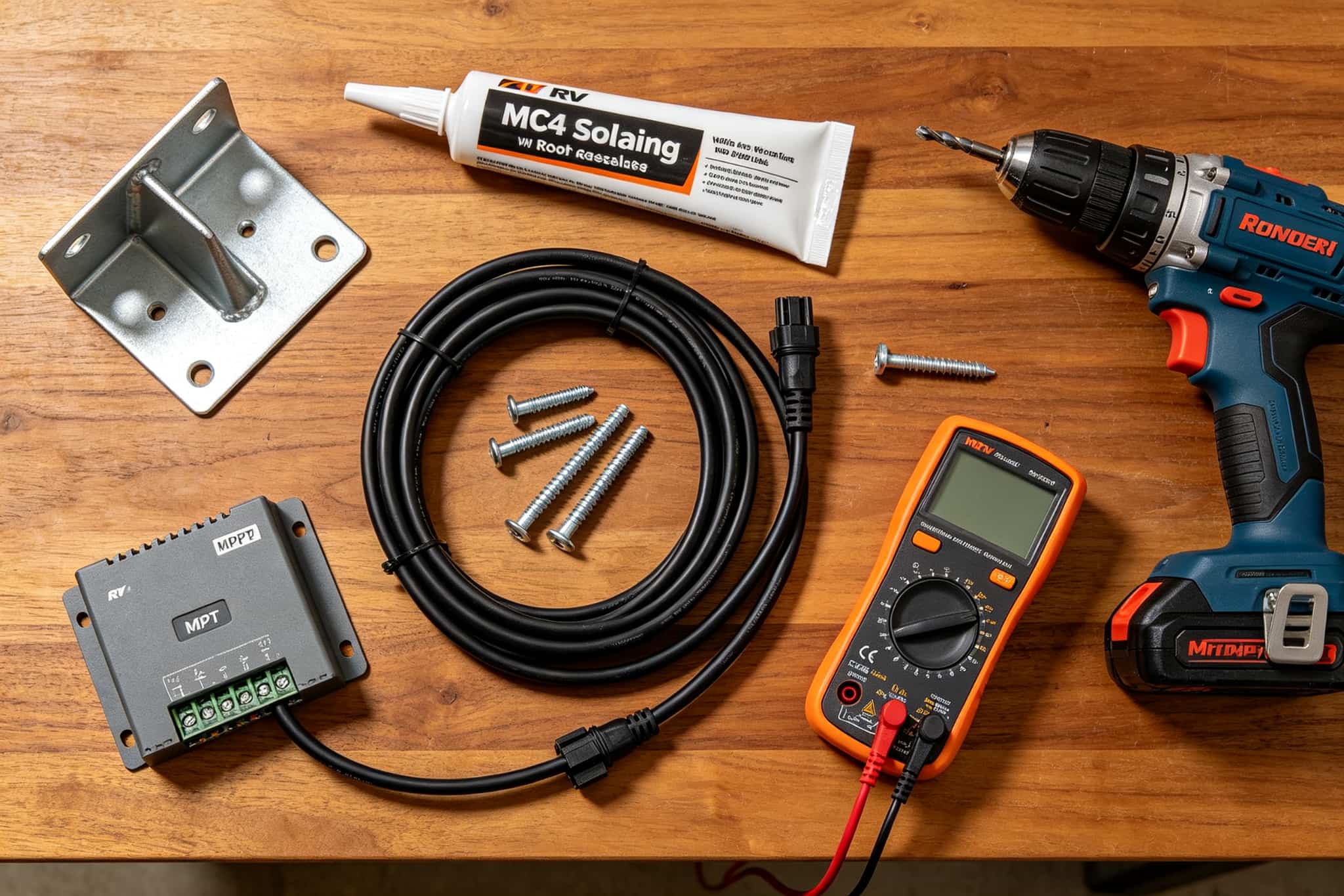 RV solar installation tools and parts laid flat including Z-brackets, MC4 cables, sealant, multimeter, and MPPT controller