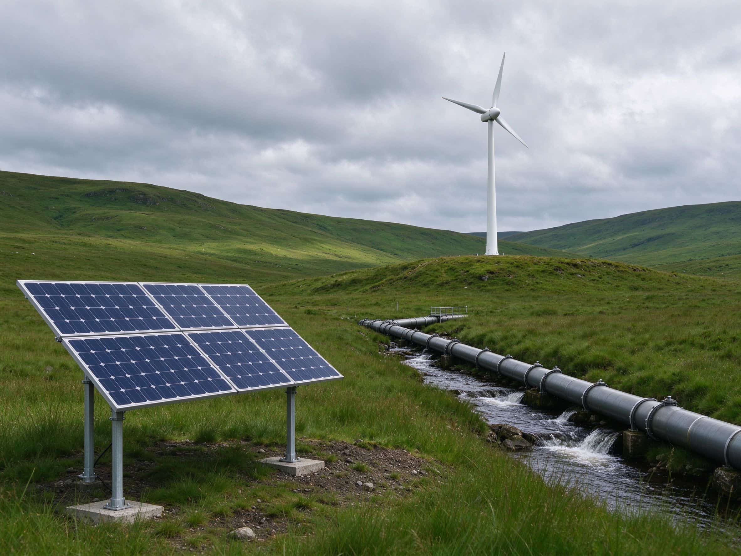Hybrid renewable energy site with solar panels wind turbine and micro hydro pipeline along a stream