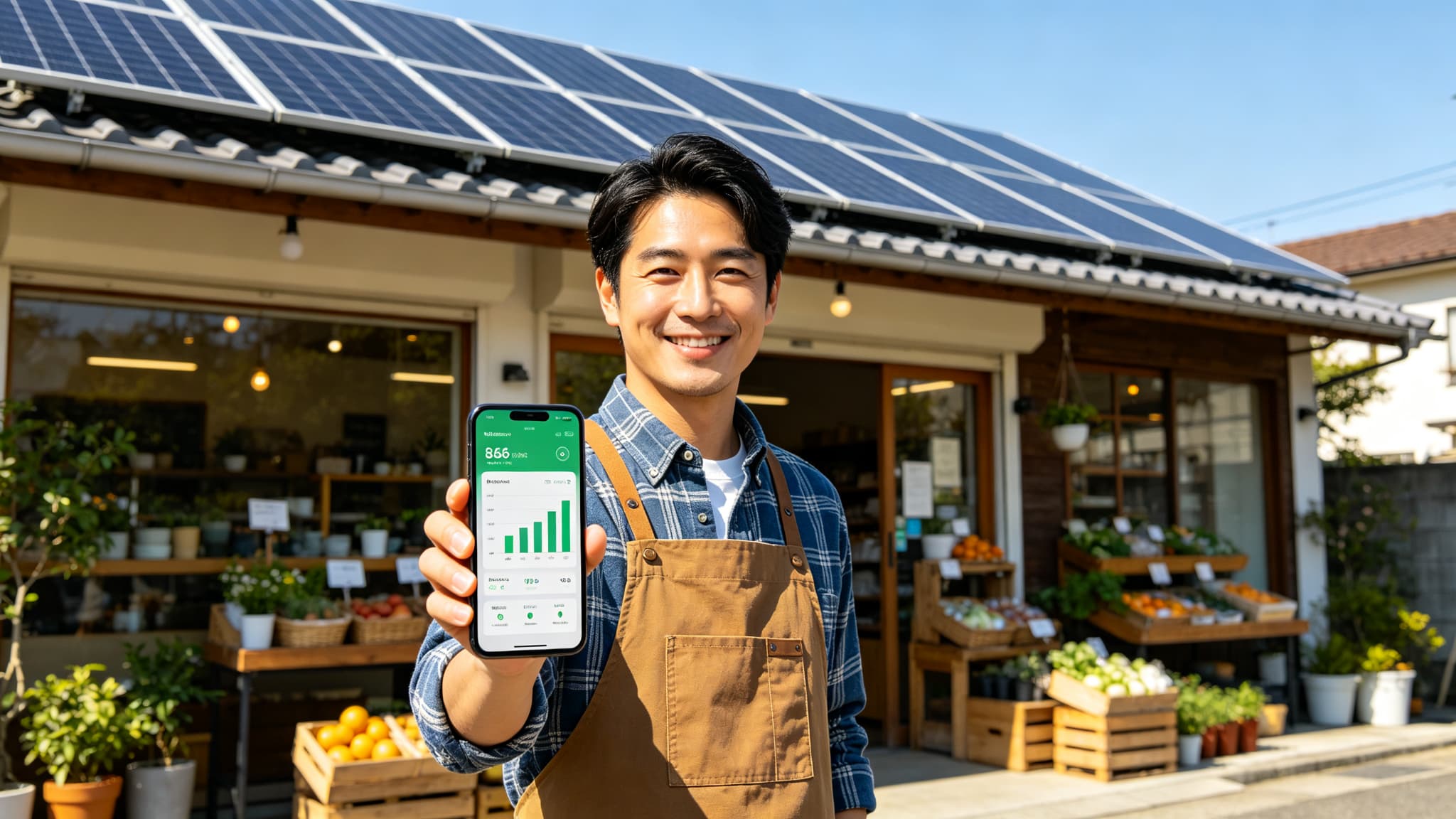 Small business owner in an apron standing outside a shop holding a smartphone with a solar energy monitoring app showing production charts, rooftop panels visible behind 
