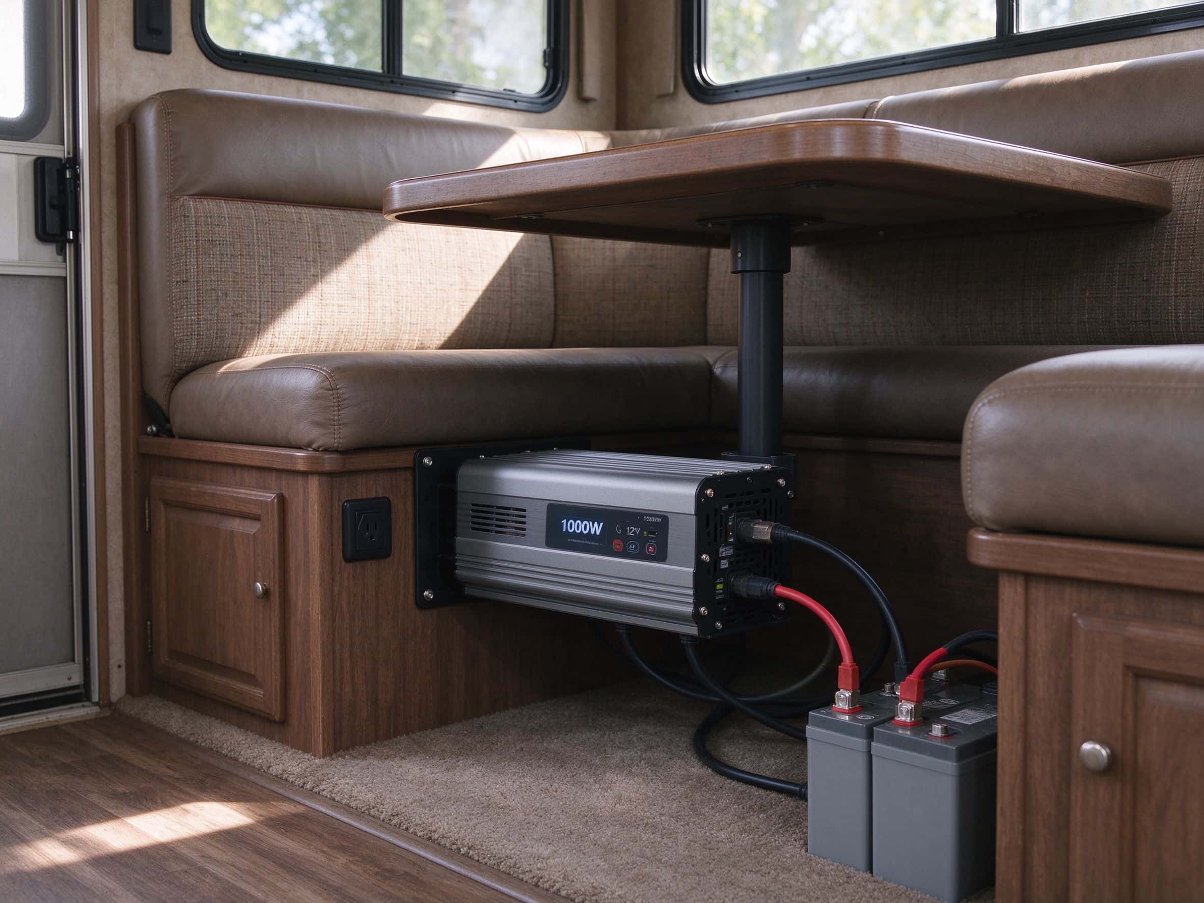 A compact 1000W power inverter mounted under an RV dinette bench with cables to the battery