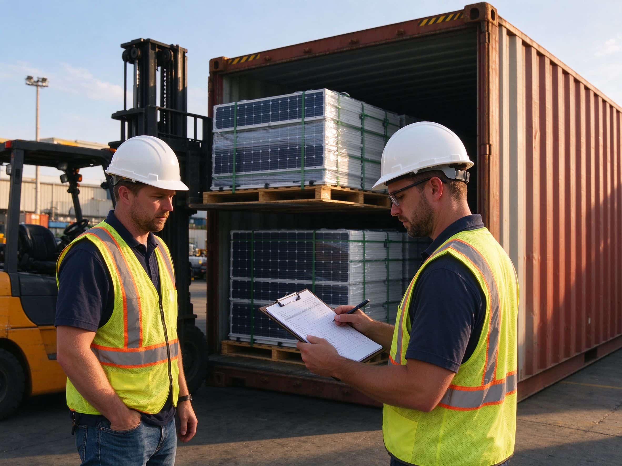 Workers in safety vests checking packing list while a shipping container is loaded with solar pallets. 