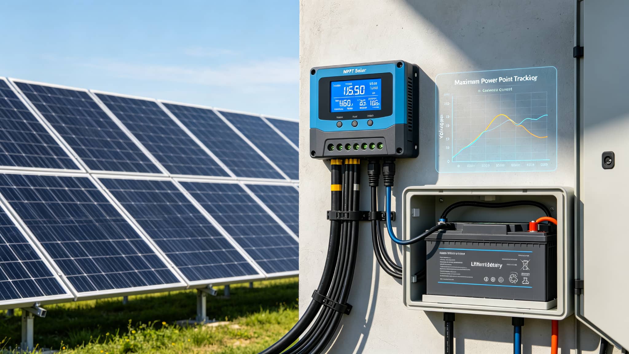 Modern MPPT solar charge controller with LCD digital display showing voltage and current readings, connected to a large monocrystalline solar panel array and lithium battery bank