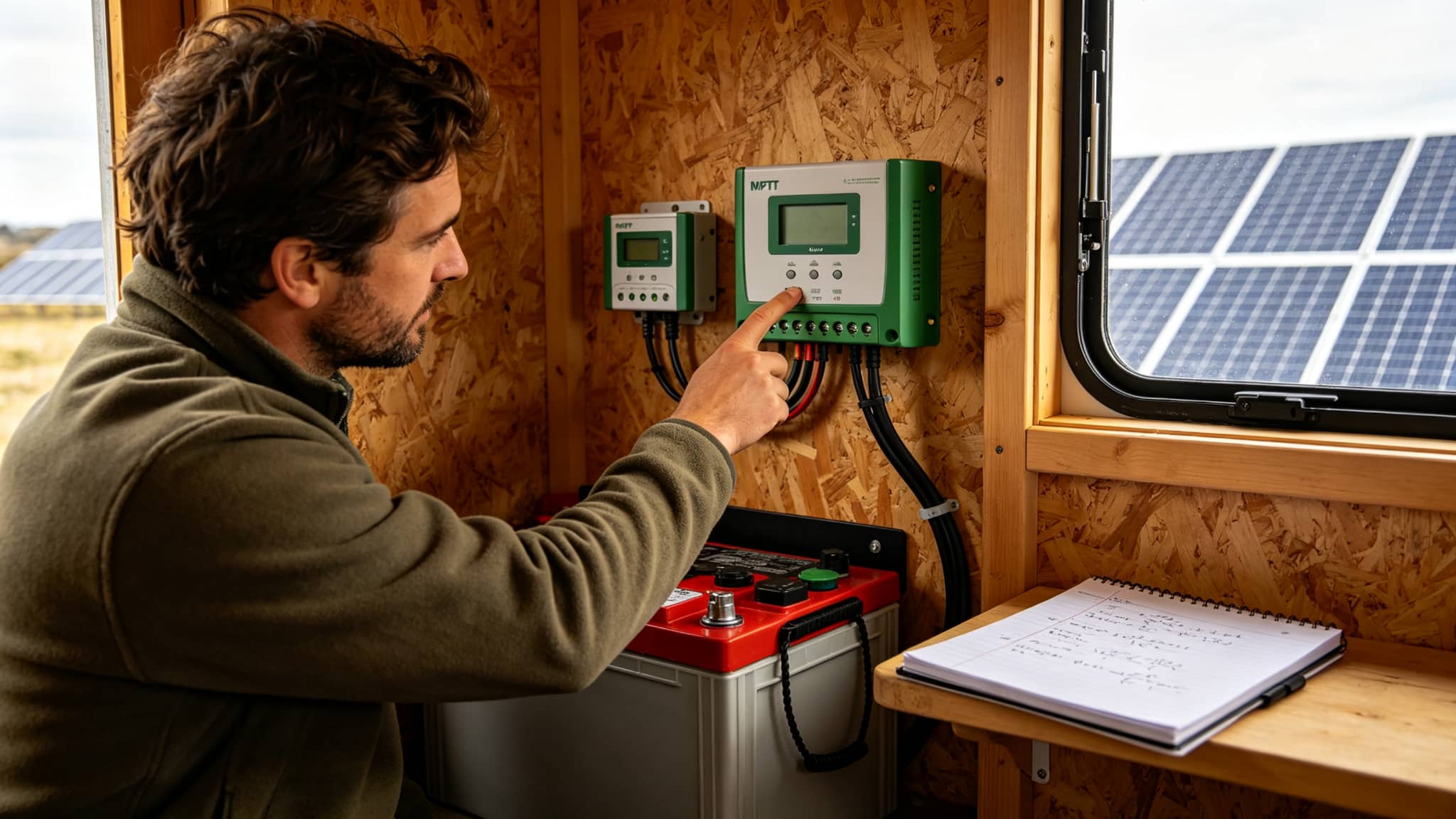 Person in an off-grid cabin checking an MPPT solar charge controller on the wall next to a battery bank, a smaller PWM unit also visible, notebook with calculations nearby