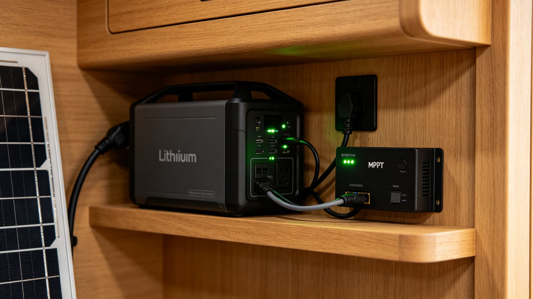 Close-up of a compact lithium battery power station and an MPPT charge controller connected on a wooden shelf inside a cabin, clear wiring, green LED indicators, solar panel cable entering from left