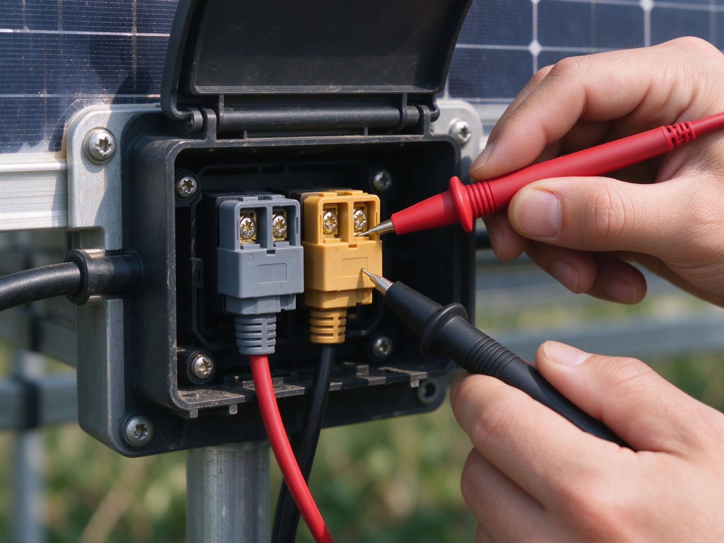  Close-up of multimeter probes touching MC4 terminals on a solar panel junction box