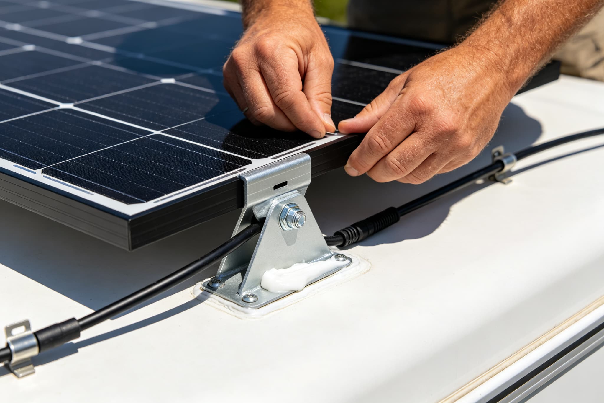 Hands securing a solar panel Z-bracket to an RV roof with sealant and MC4 cable routing