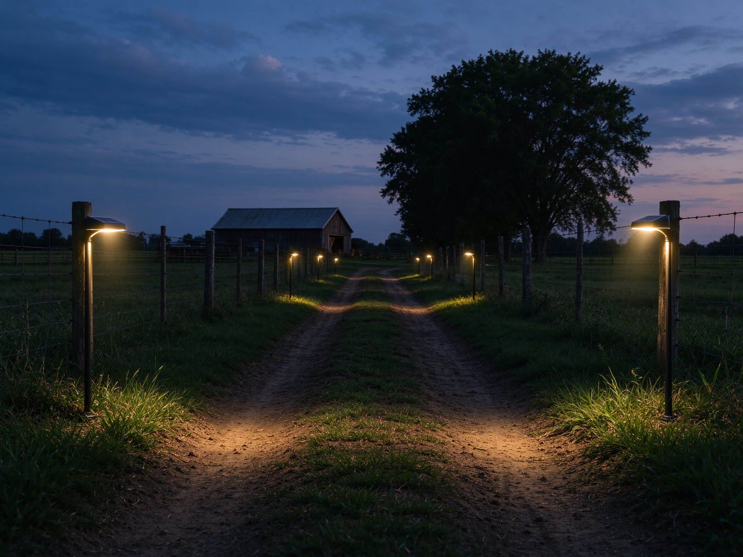 A dirt farm lane at dusk lit by solar motion lights on fence posts on both sides
