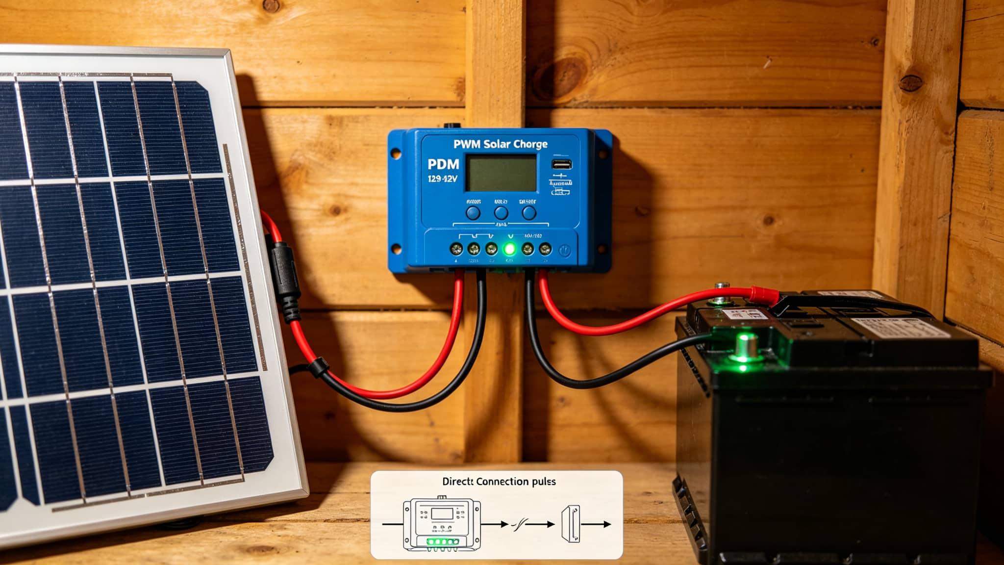 Simple blue PWM solar charge controller mounted on a wooden wall, connected from a portable solar panel to a 12V battery with red and black wires, green LED lights on