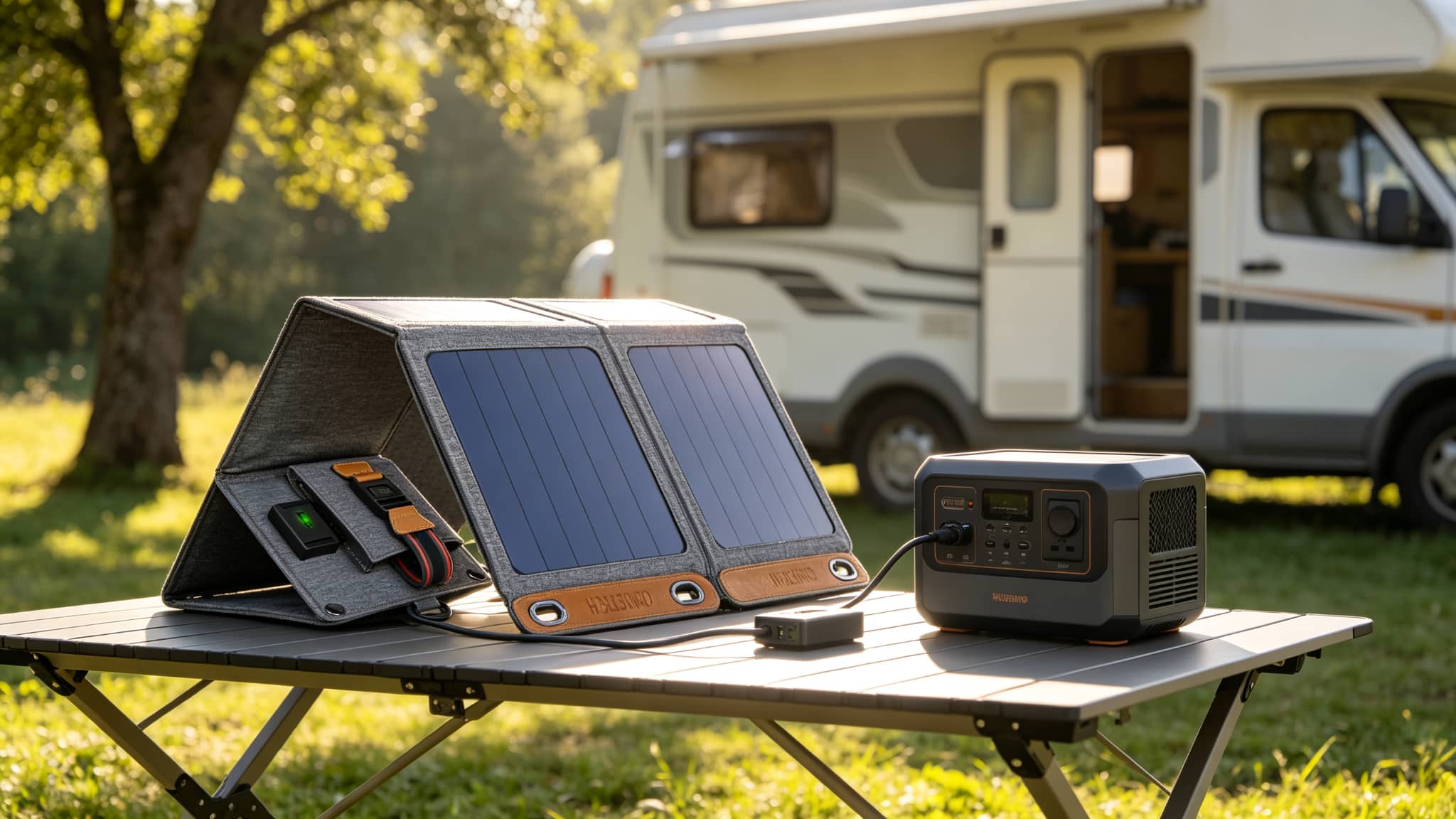 Foldable gray fabric solar panel unfolded on a camping table in sunlight, connected by cable to a small charge controller and portable power station, RV in background
