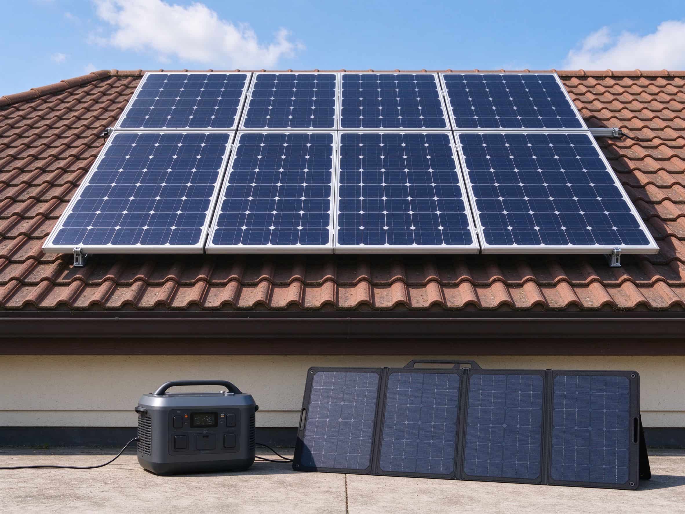 A clean residential solar array on a tiled roof with a portable power station and folding panel on the ground