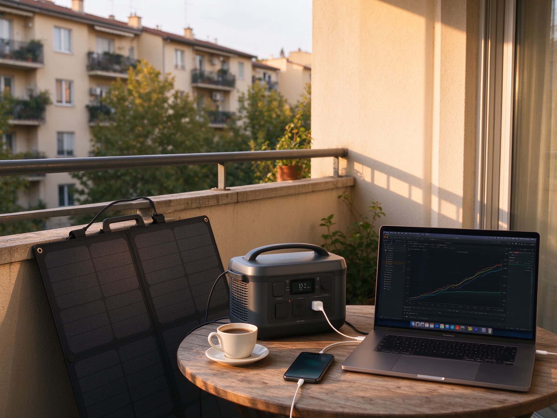 A portable power station on a balcony table charging a laptop and phone next to a folding solar panel