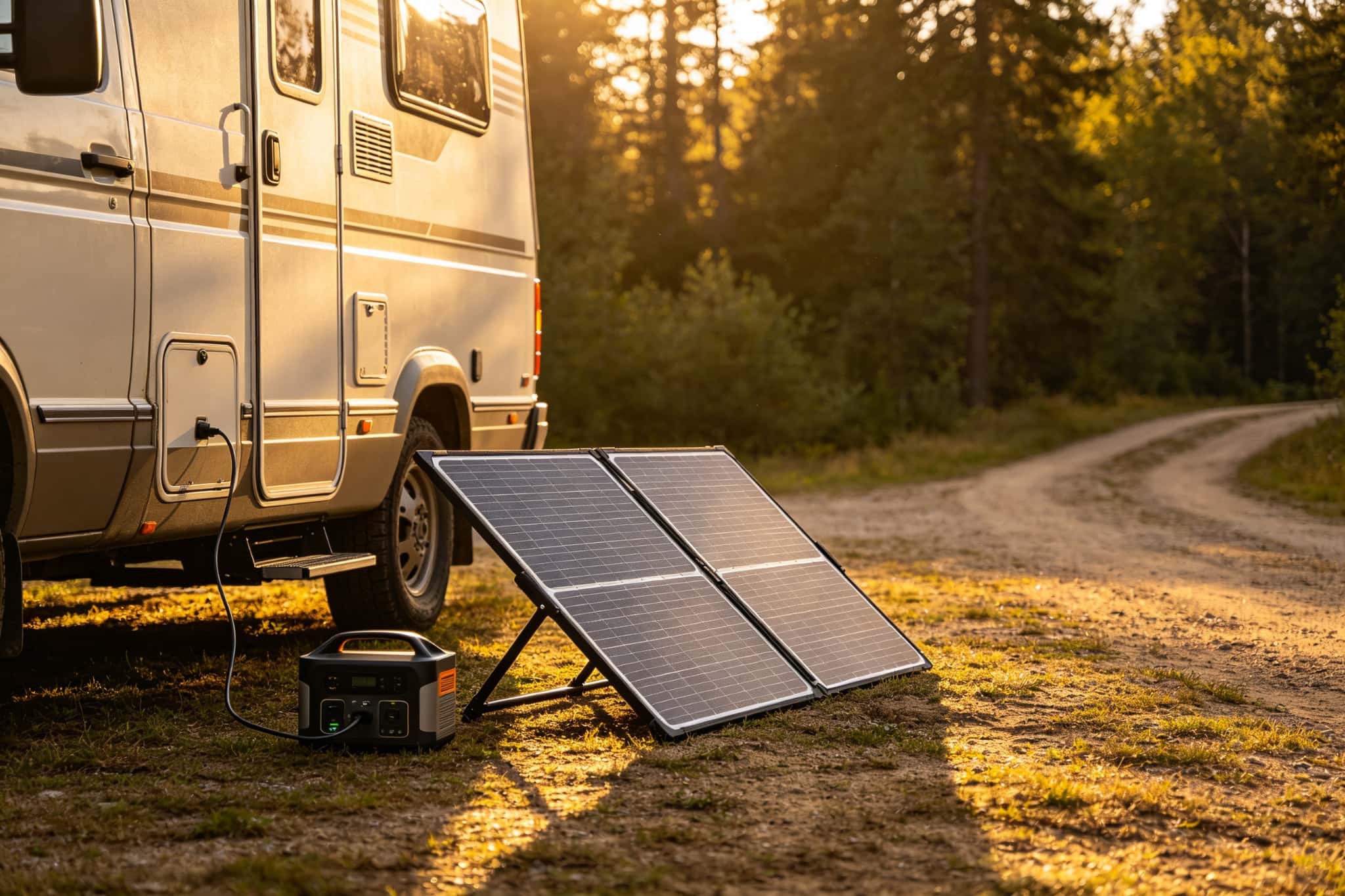 Portable folding solar panel on a stand beside a camper van connected to a power station
