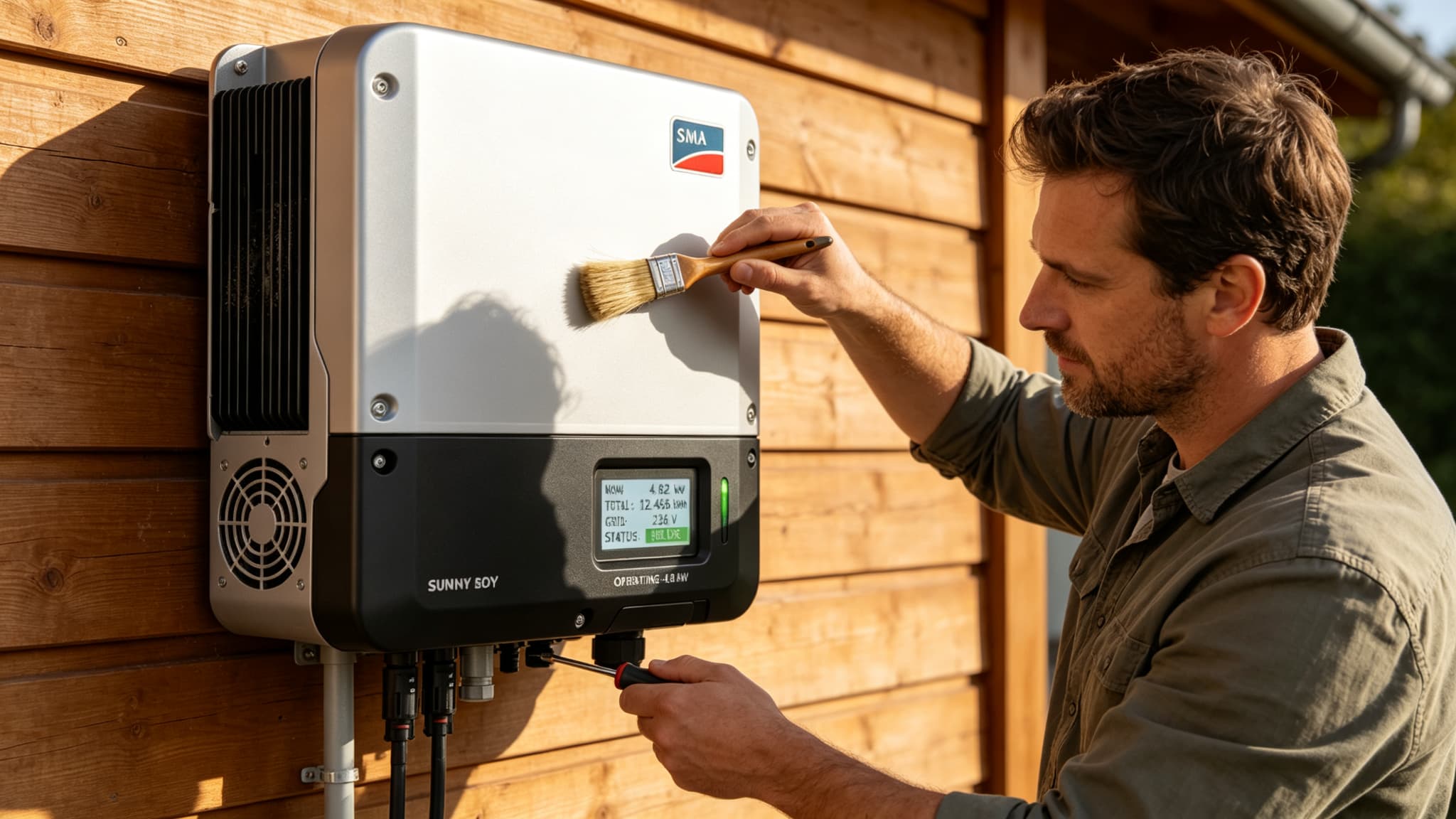 Homeowner performing preventive maintenance on a wall-mounted solar inverter, using a soft brush to clean ventilation grills and checking cable connections with a screwdriver, clean organized installation on wooden exterior wall 