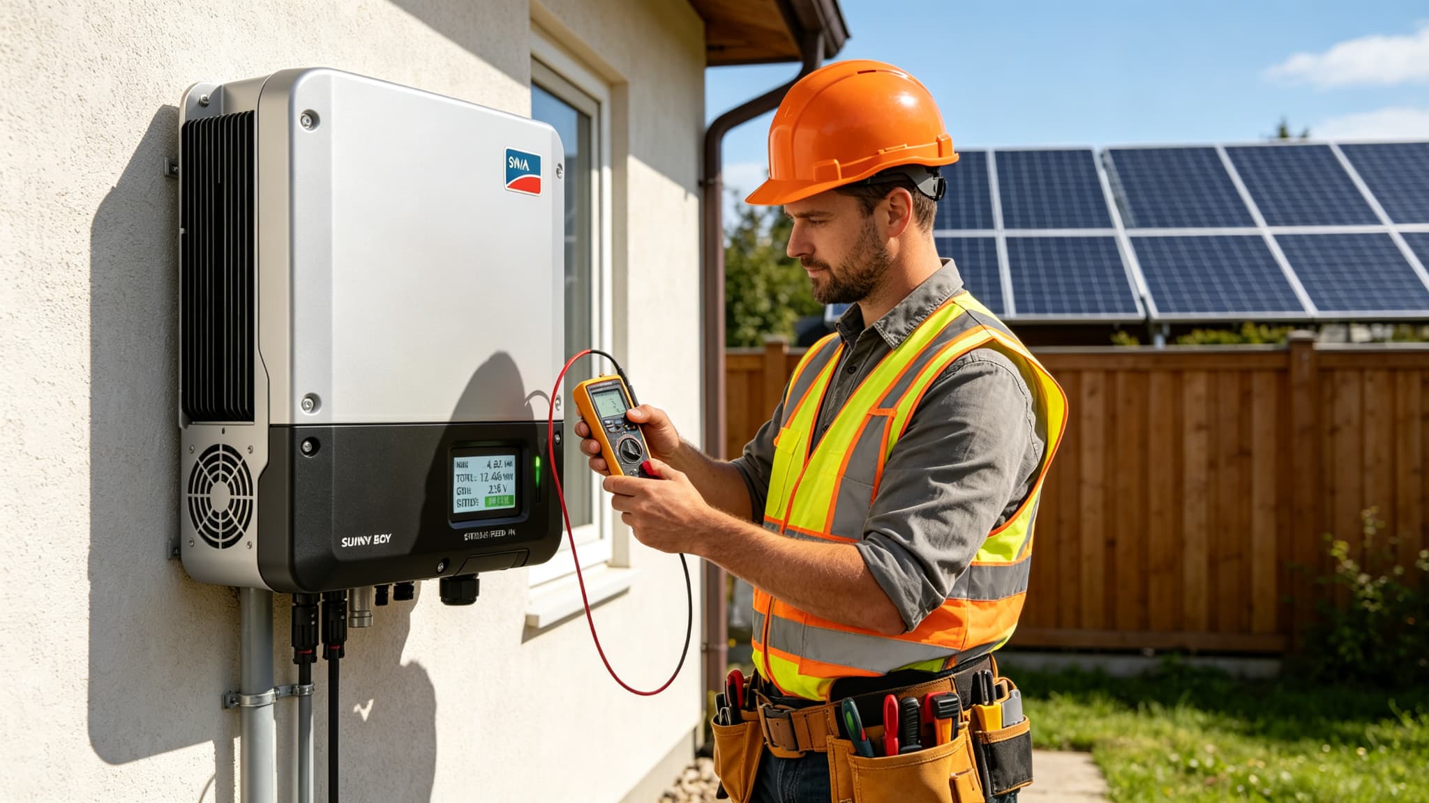 Certified electrician wearing orange hard hat and safety vest using a digital multimeter to test a wall-mounted solar inverter on an exterior wall, professional tool belt, sunny day with solar panels on fence in background