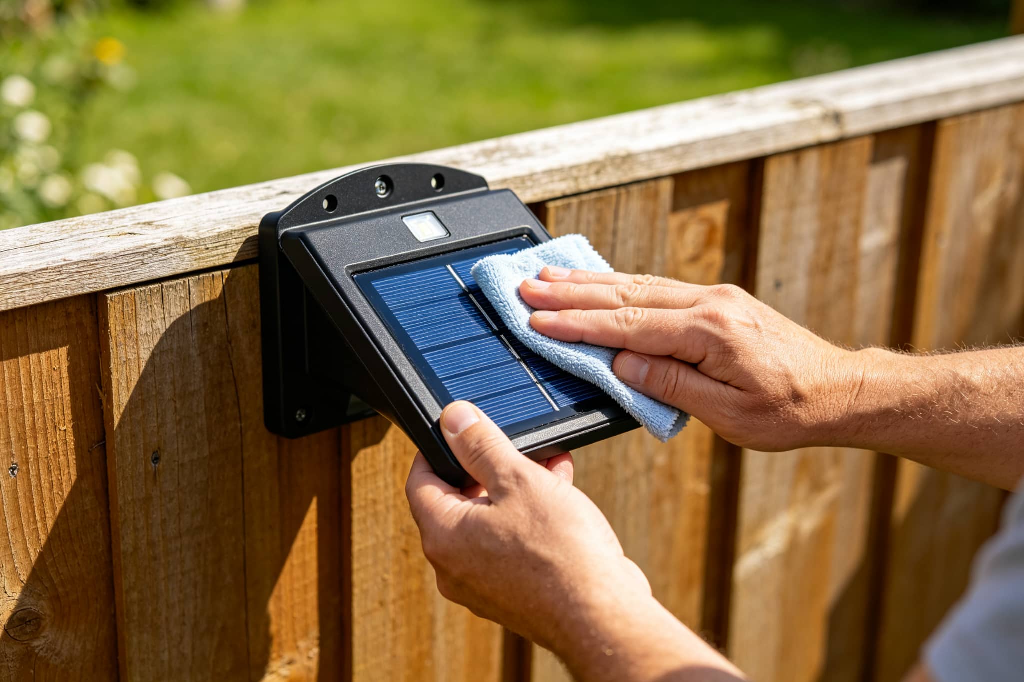 Hands wiping the small blue solar panel of a black garden solar light with a soft cloth