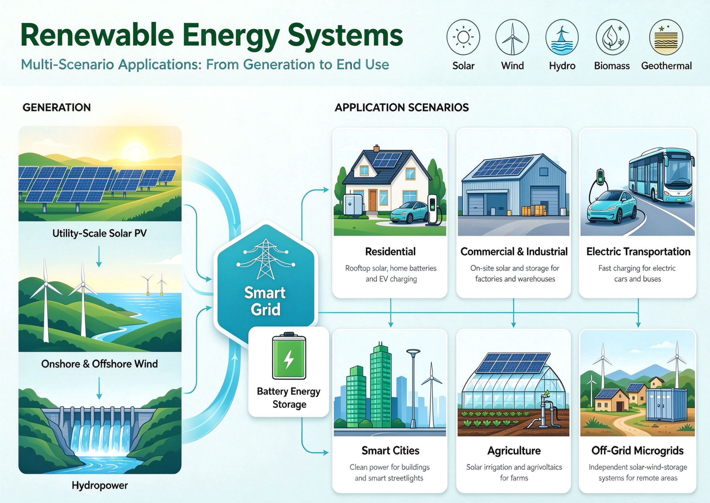"Renewable Energy Systems — Multi-Scenario Applications: From Generation to End Use"