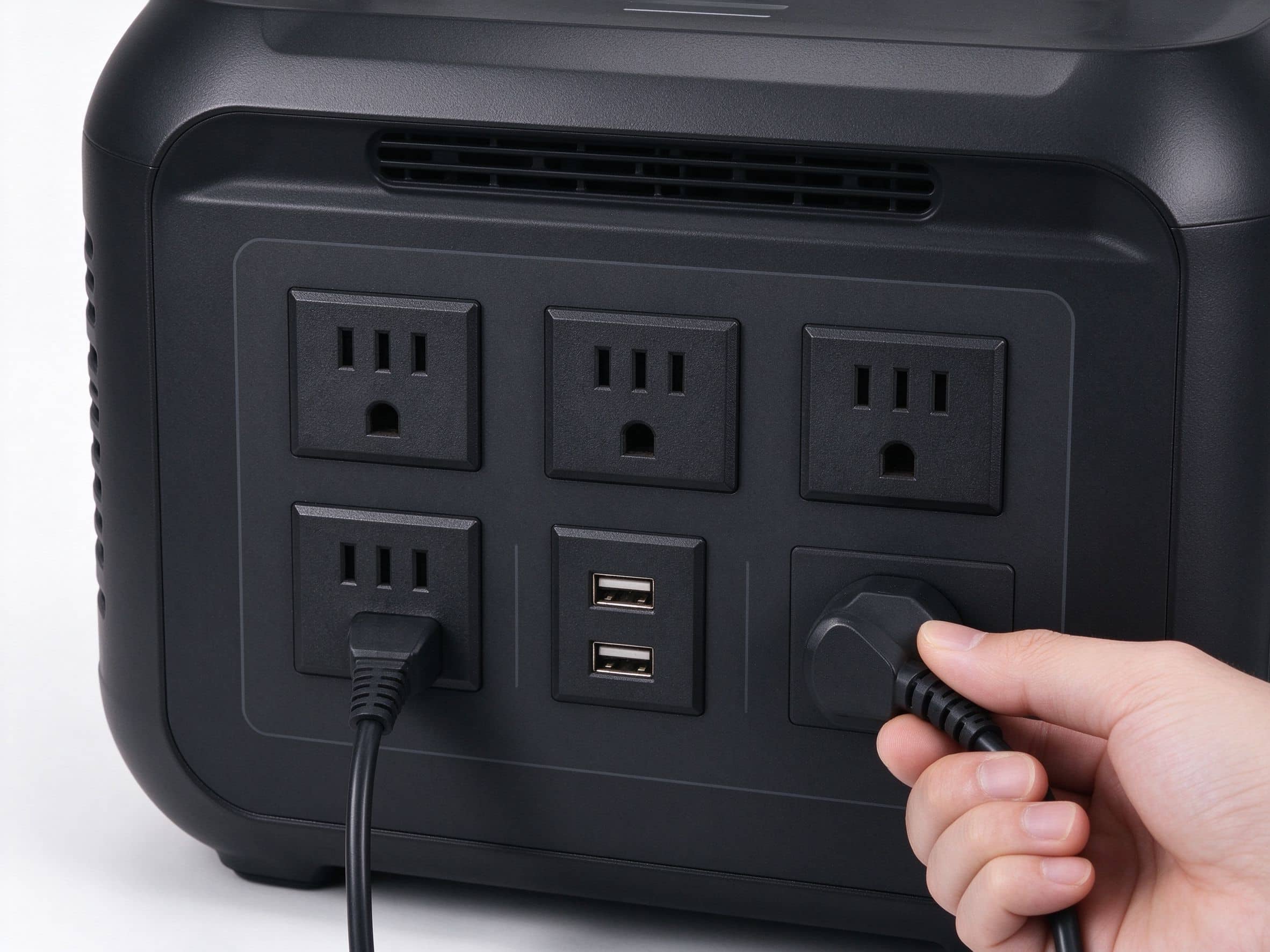 A hand plugging a cord into the AC outlet panel on a black portable power station
