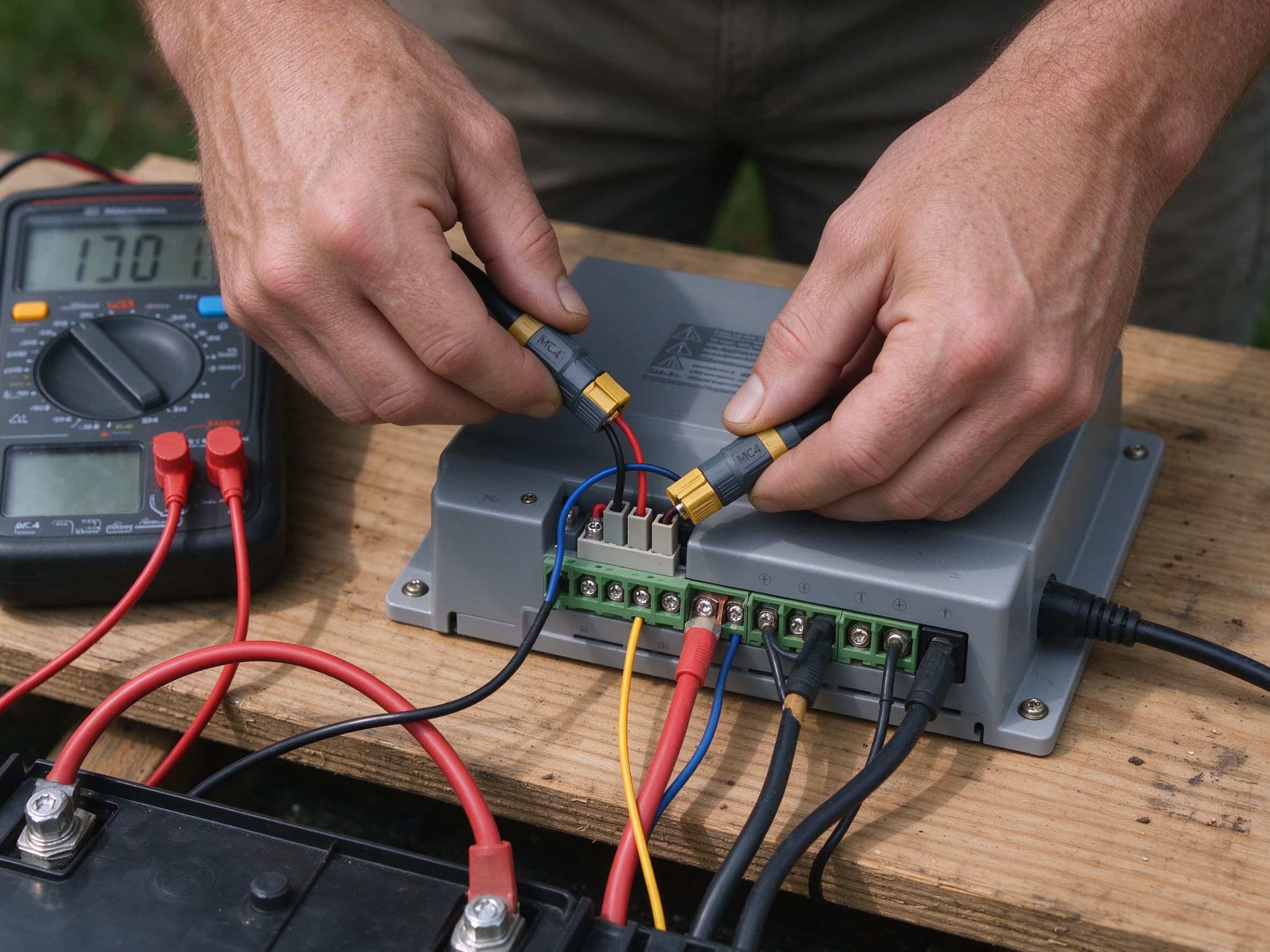 Hands wiring MC4 solar connectors to a charge controller on a wooden board with a multimeter nearby