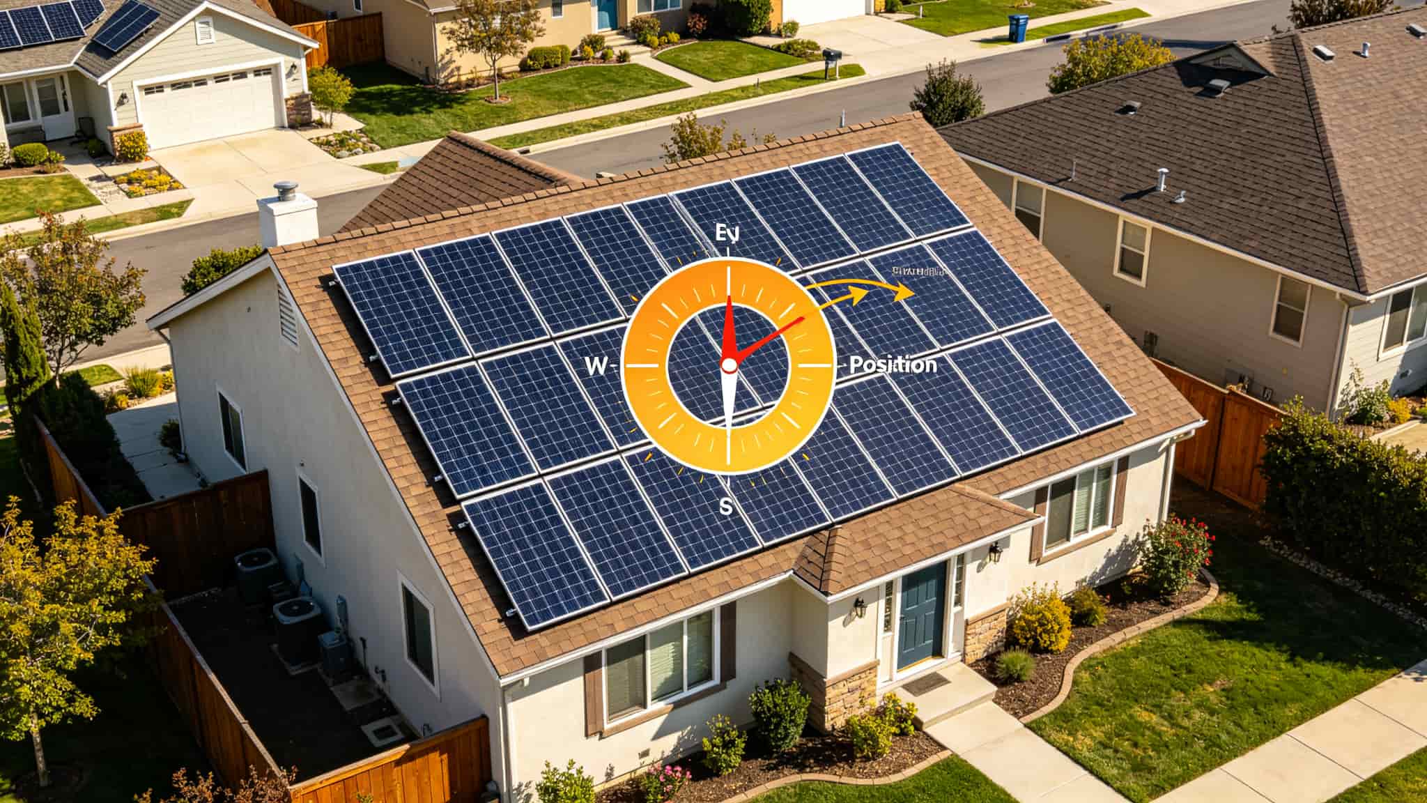 Aerial view of residential rooftop with solar panels and sun path diagram overlay showing peak sunlight hours and roof orientation compass