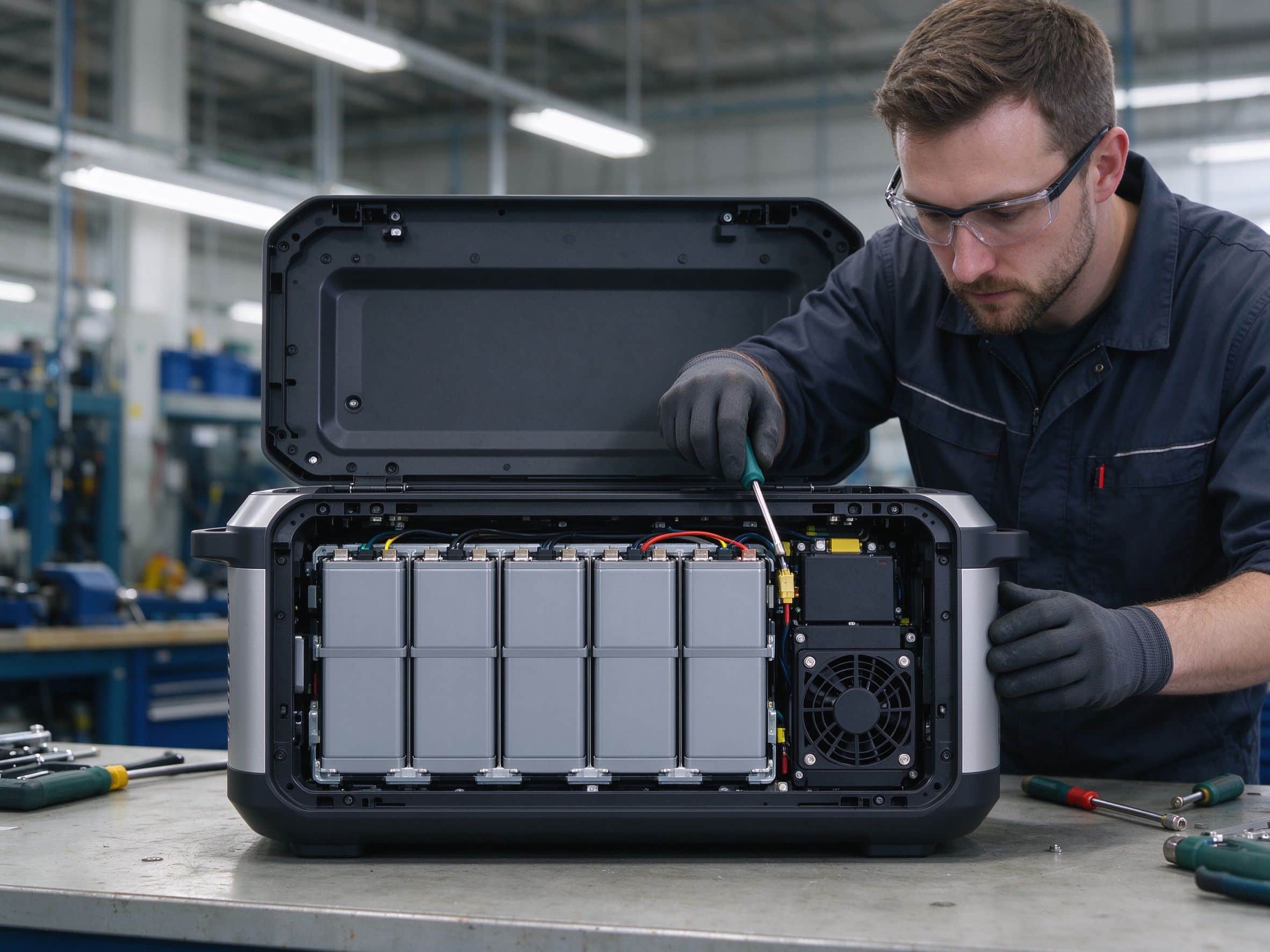 A technician inspecting the internal battery cells and cooling fan of an open portable power station on a workbench