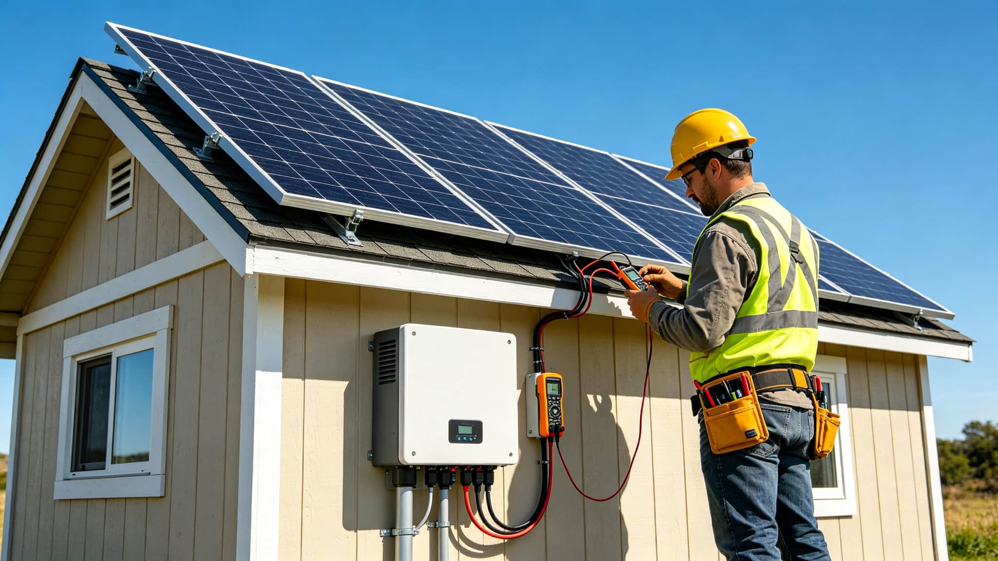 Monocrystalline solar panels mounted on a small off-grid cabin roof under bright blue sky, technician in safety gear checking wiring with a multimeter, wall-mounted inverter below the panels