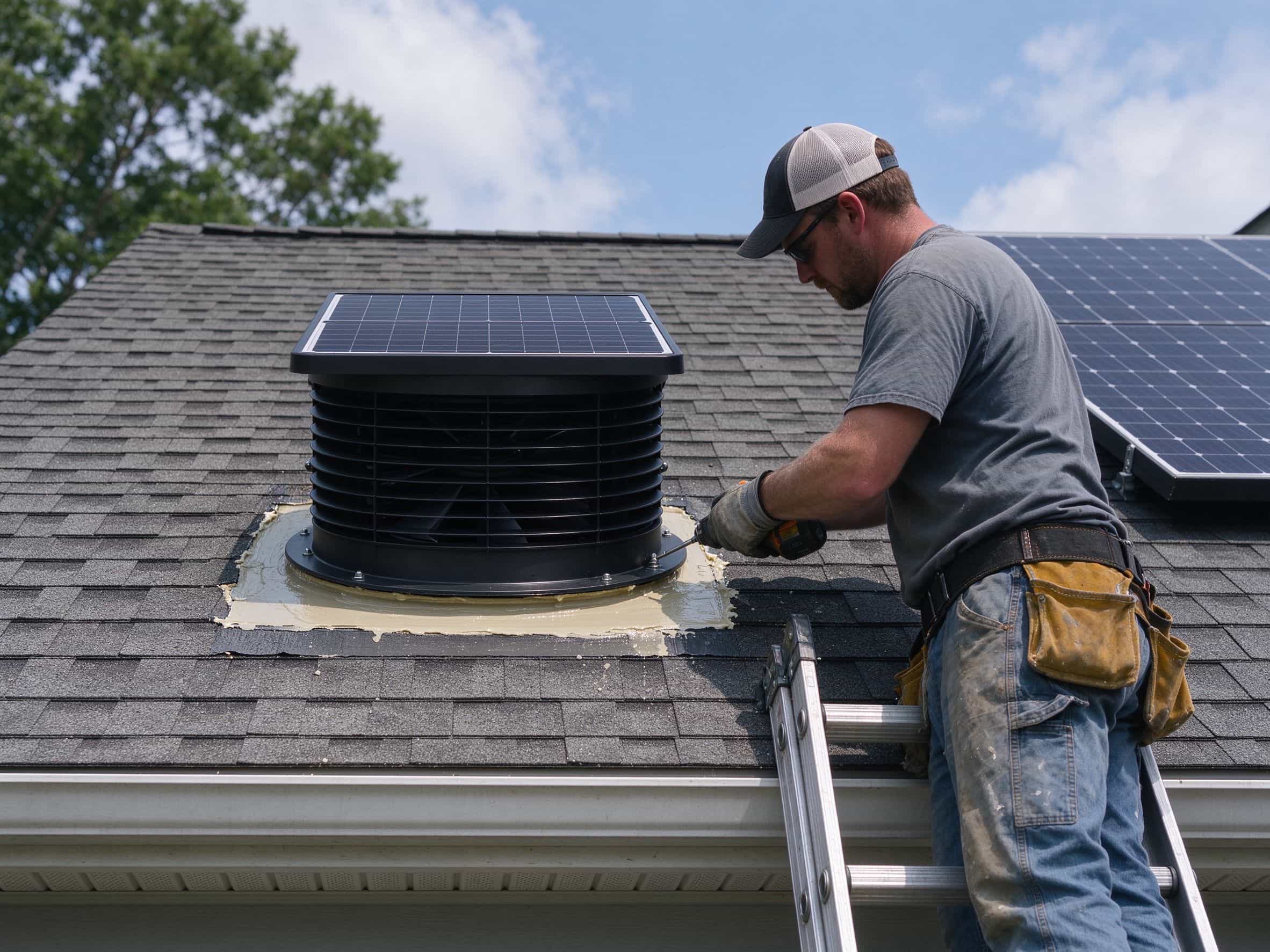 A worker installing a black solar attic fan on an asphalt shingle roof with a ladder nearby