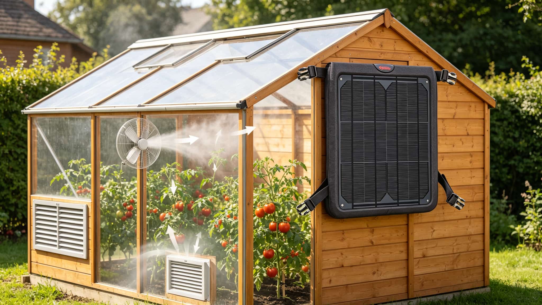 EcoFlow Solar Breeze portable solar fan strapped high on the exterior of a greenhouse wooden end wall with four straps, louvered intake vent low on the opposite wall, white airflow arrows showing hot air exiting and cool air entering