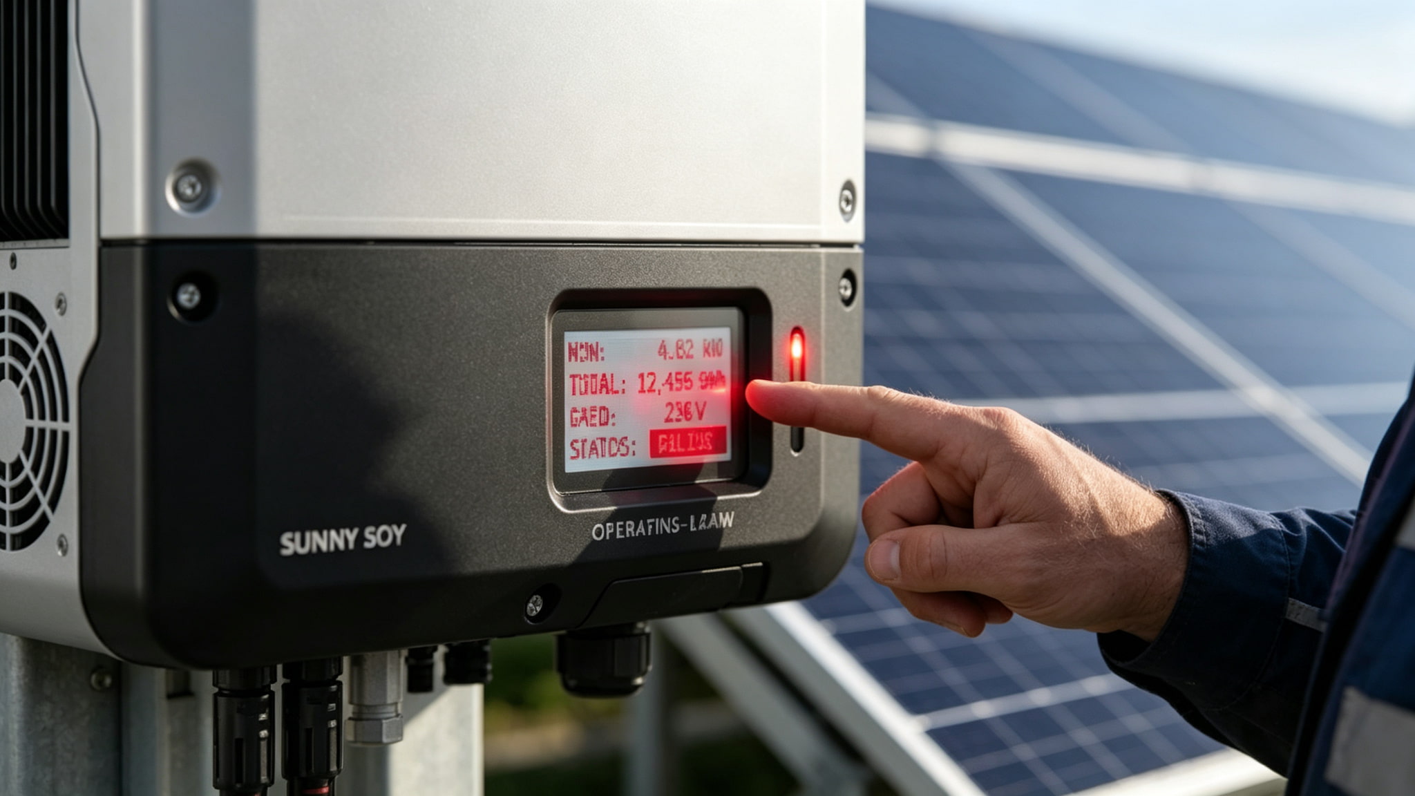 Close-up of a solar inverter digital display screen showing an error code and fault warning indicator light, with a technician's hand pointing at the screen, solar panels visible in background 