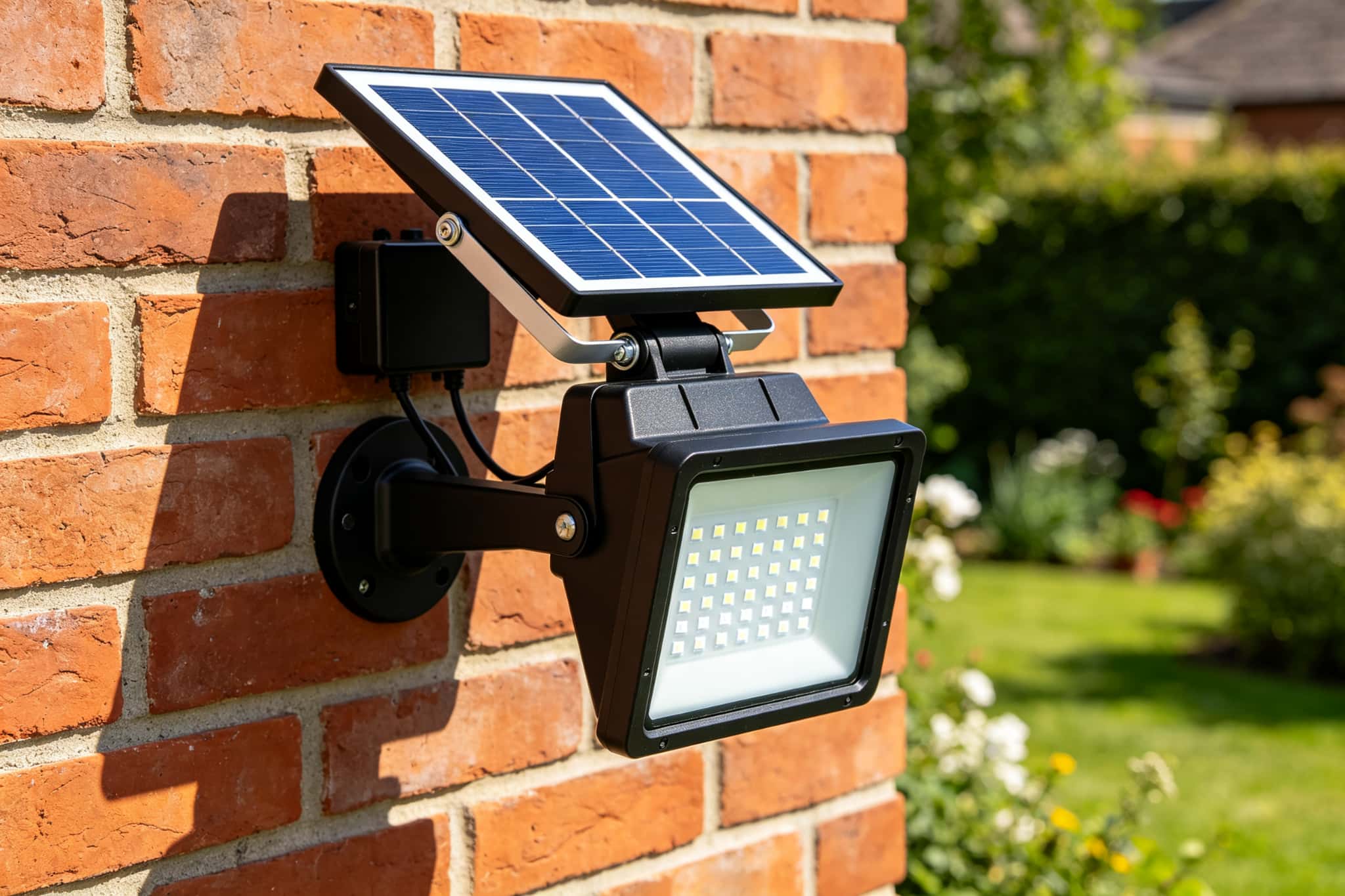 Split-design solar LED flood light with blue solar panel and square LED head mounted on a brick wall