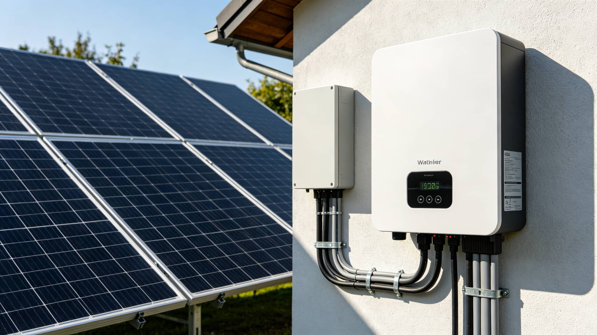 Close-up of residential solar panel array and modern string inverter mounted on wall with clean cable management and labeled components