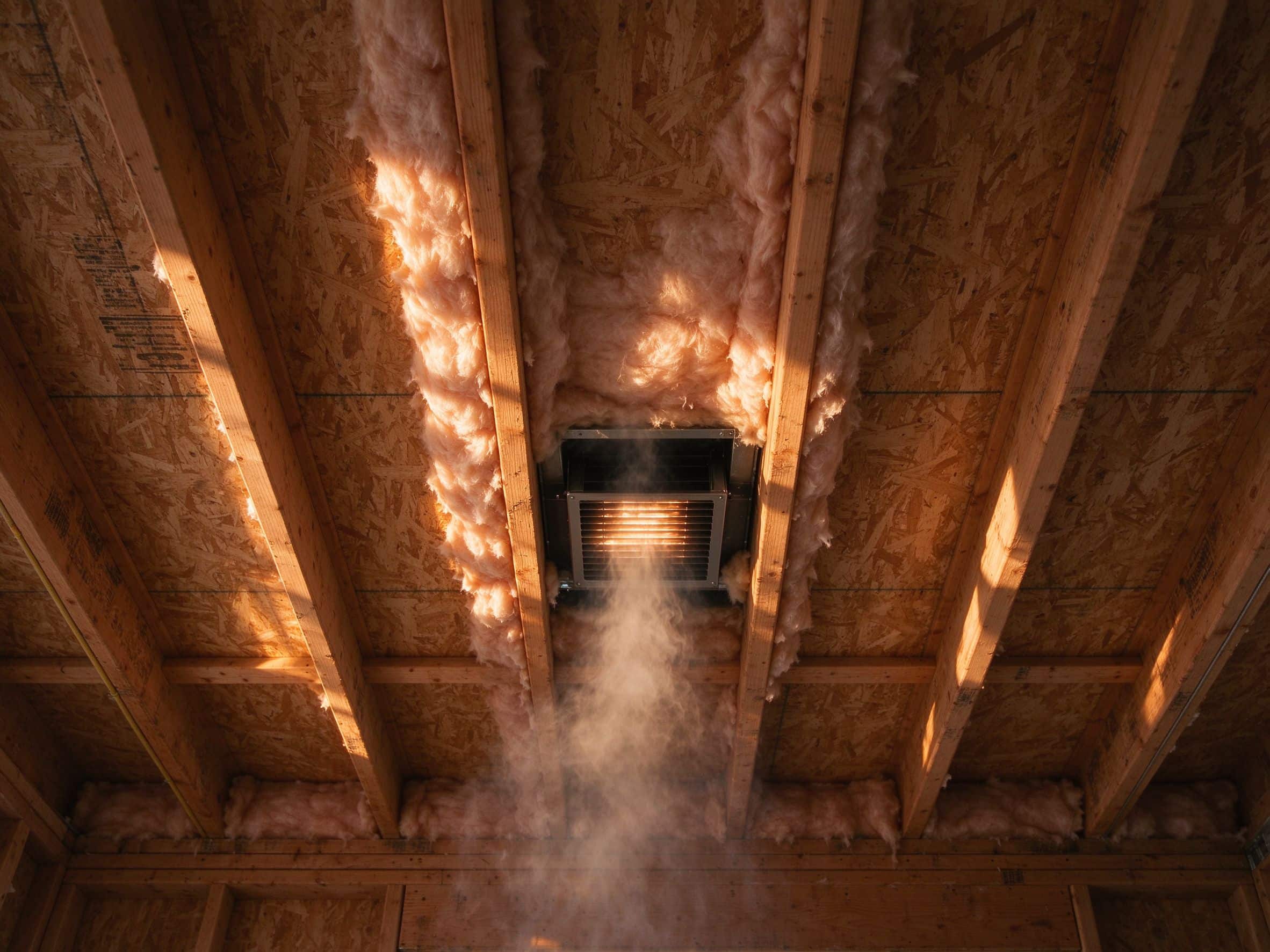 Hot air venting out through a roof vent in an attic with plywood rafters and insulation