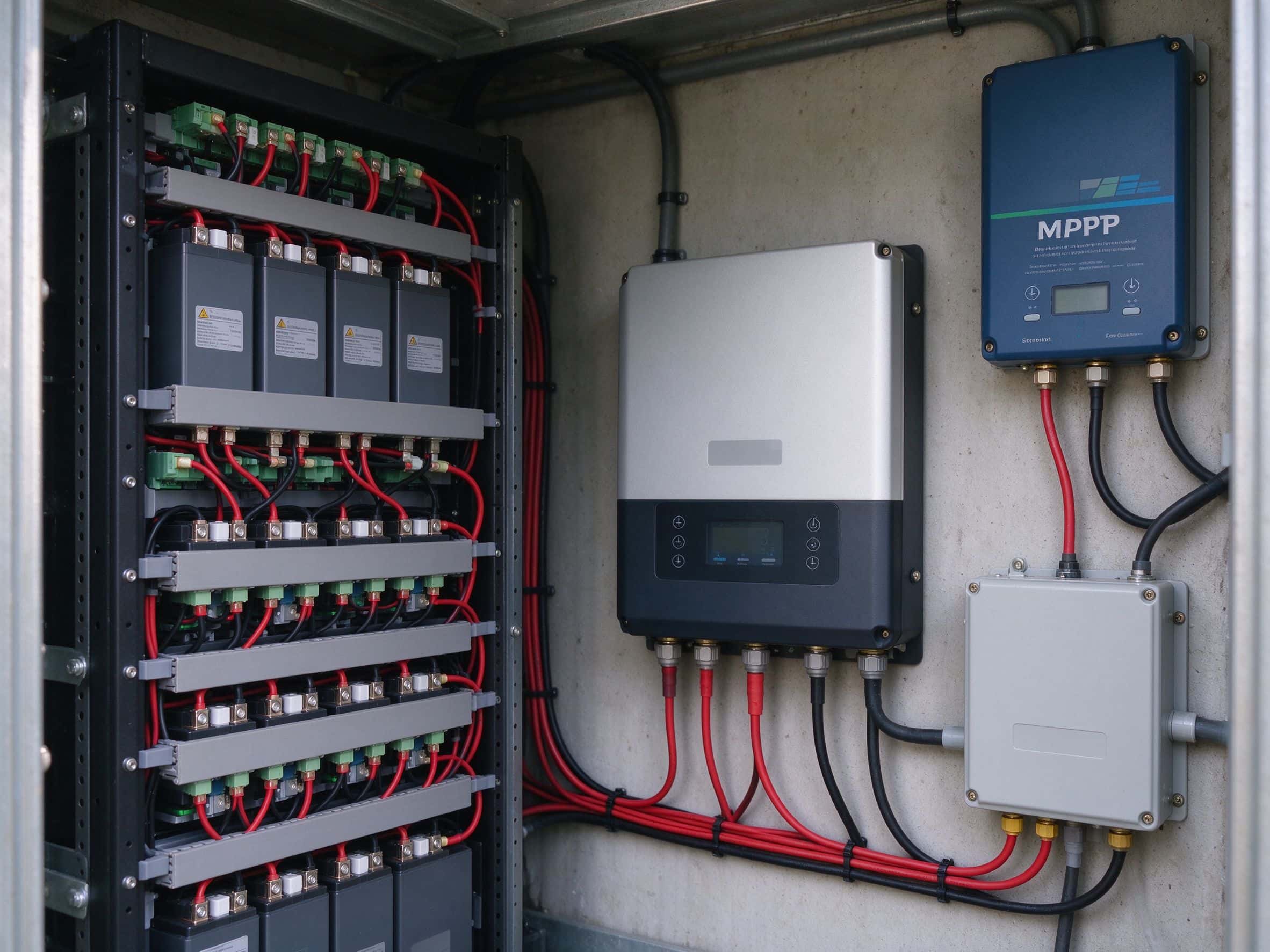 Lithium battery rack wall mounted inverter and MPPT charge controller in a clean utility room. 