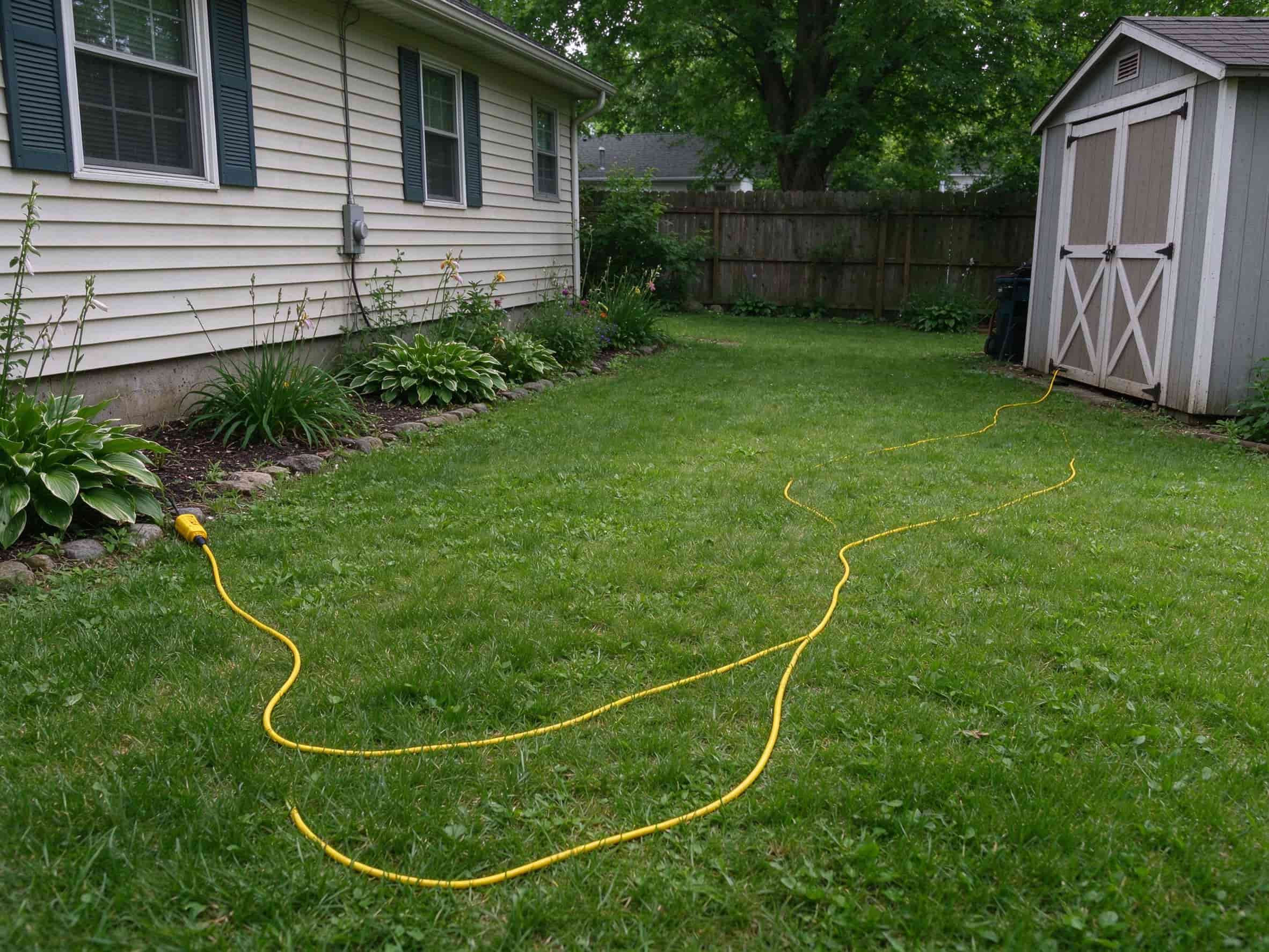 A yellow extension cord stretched across a green backyard lawn from the house to a shed