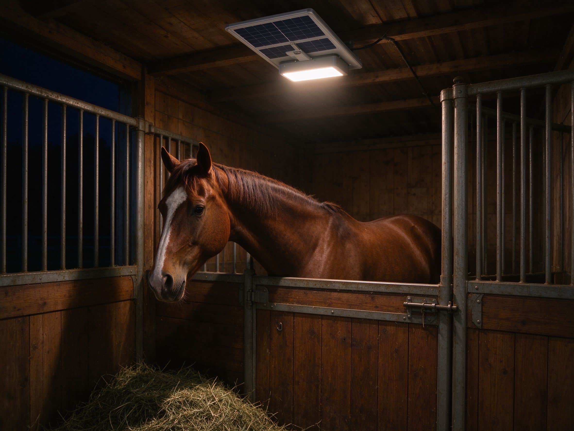 A horse stall at night lit by a warm overhead solar barn light fixture