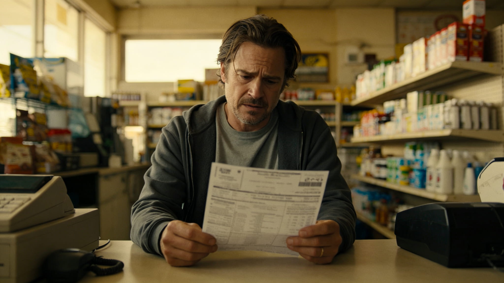 Small retail shop owner standing at the counter inside a store, holding and reading a paper electric bill with a concerned expression