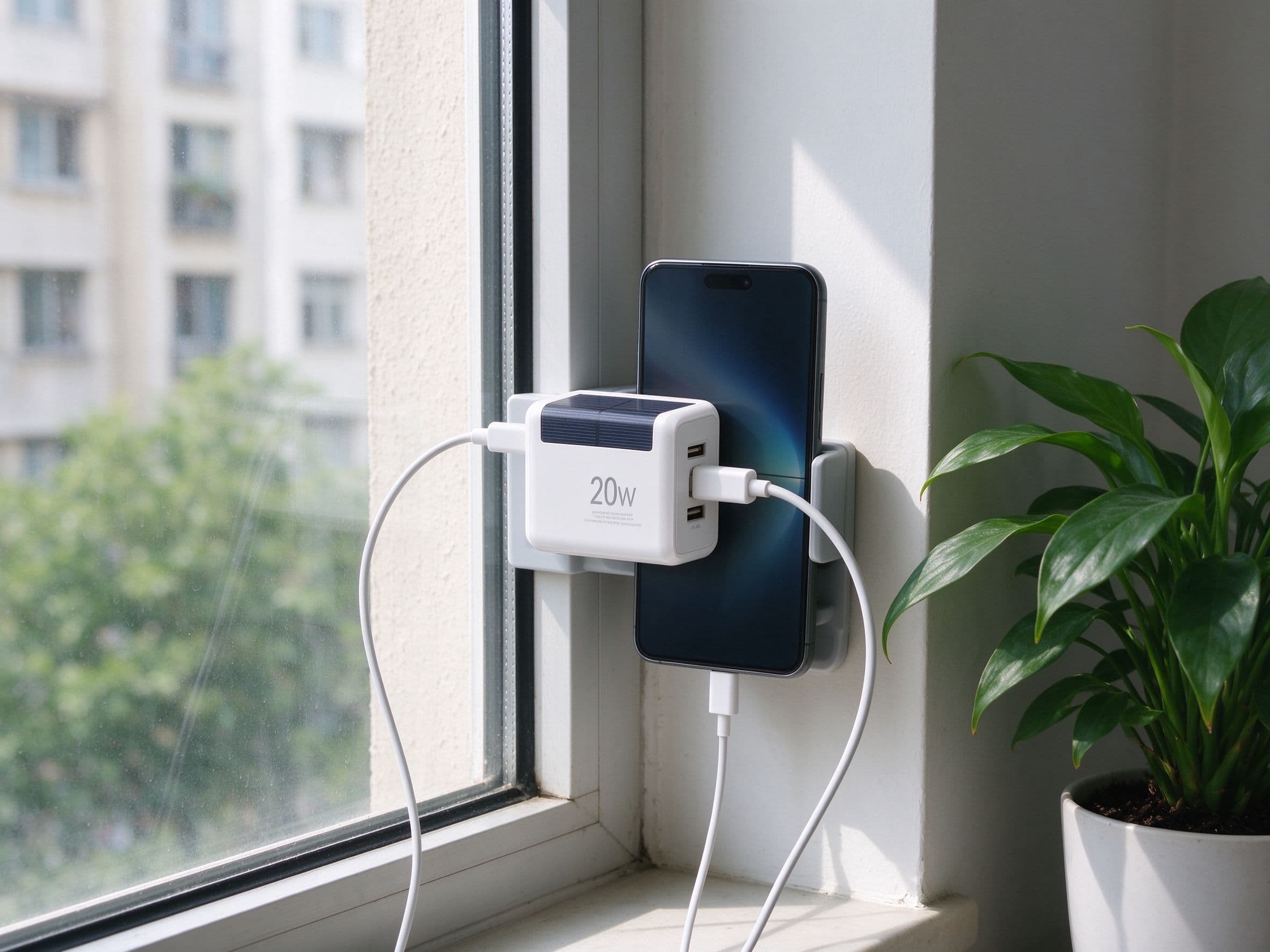 A small 20W USB solar charger clipped to an apartment windowsill charging a smartphone
