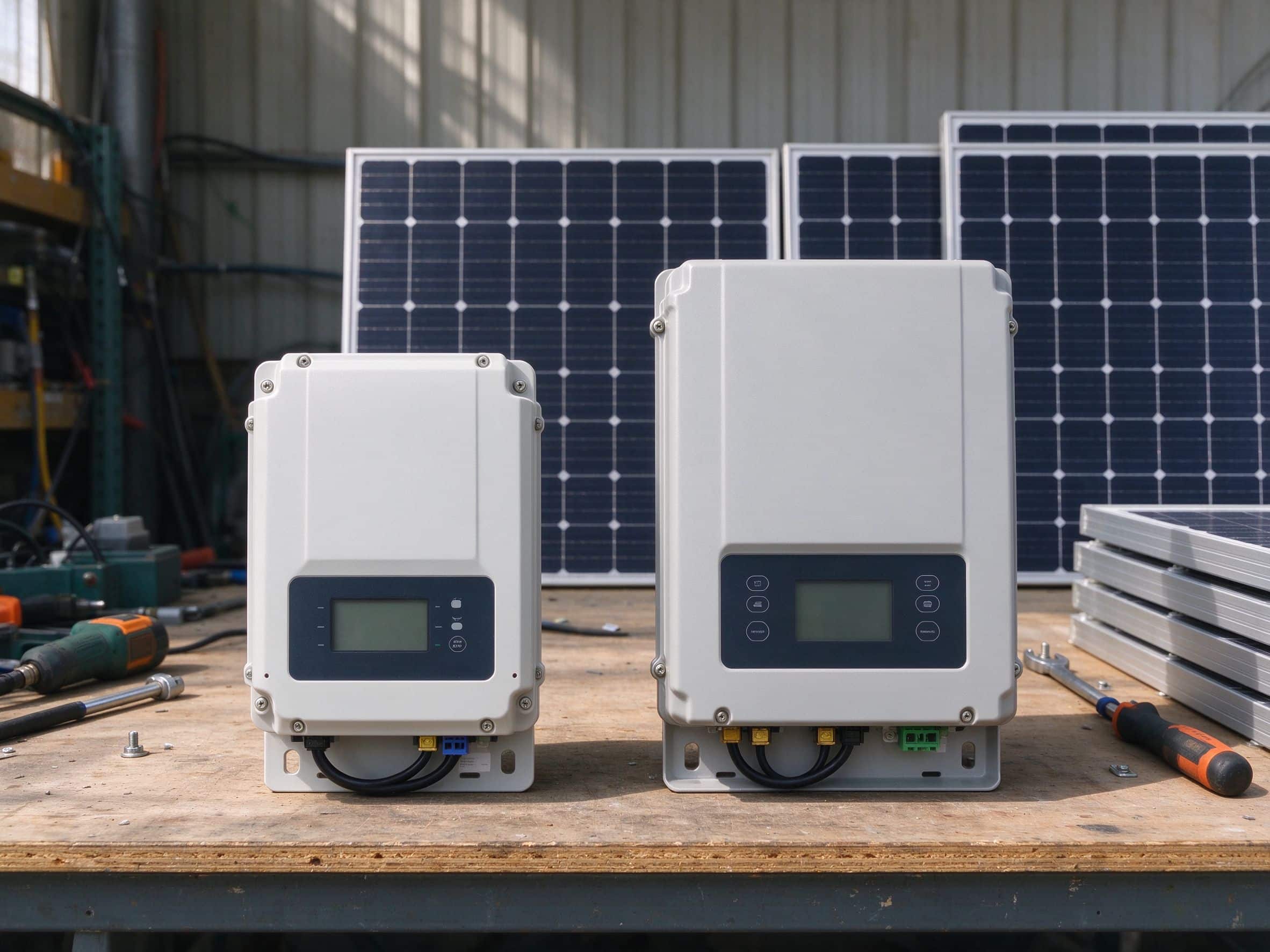 Close-up of a single micro inverter mounted under a solar panel with MC4 connectors and cable glands