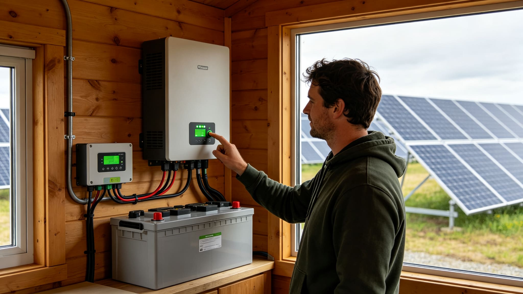 First power-on test inside a cabin, person switching on a DC disconnect and checking the inverter display showing green status lights, battery and charge controller on wooden wall, solar panels outside window