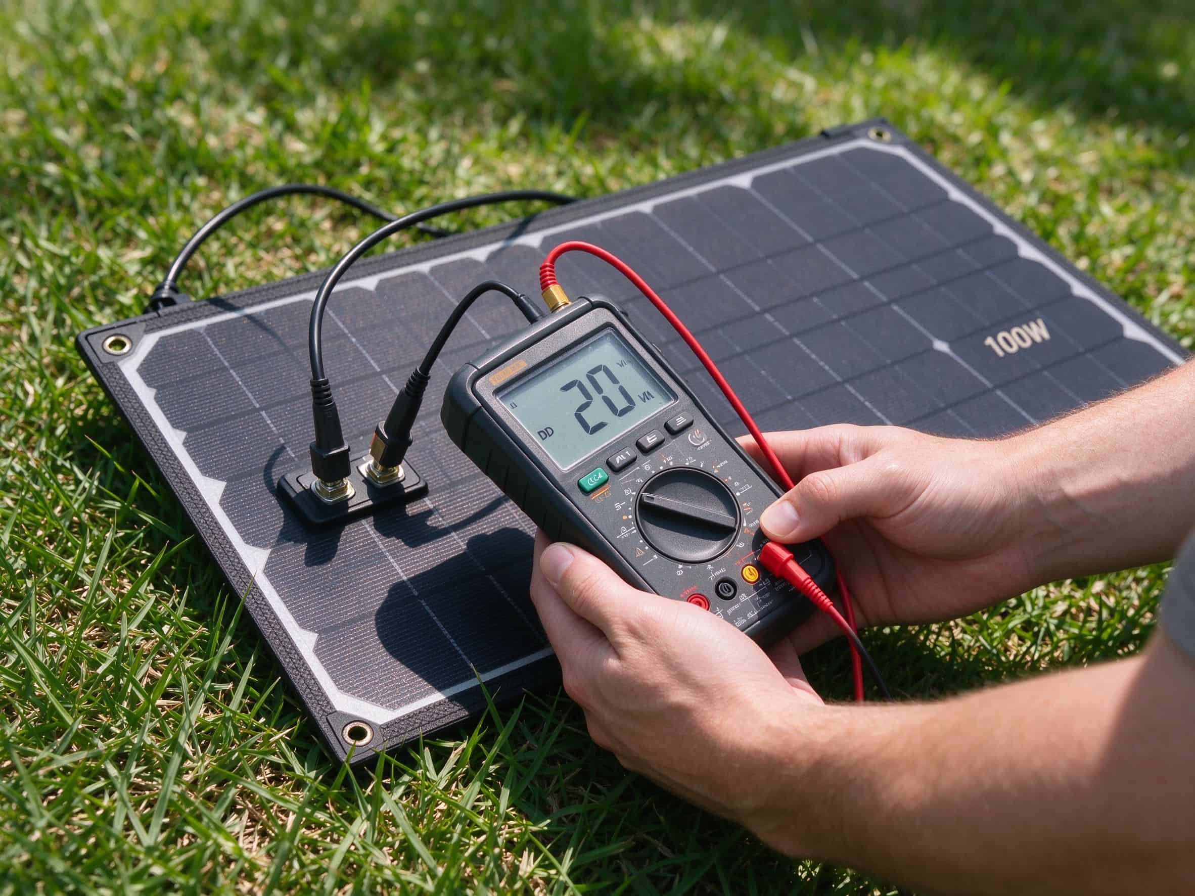 Alt text: Hands holding a digital multimeter with probes connected to the MC4 output of a portable solar panel on grass in direct sun