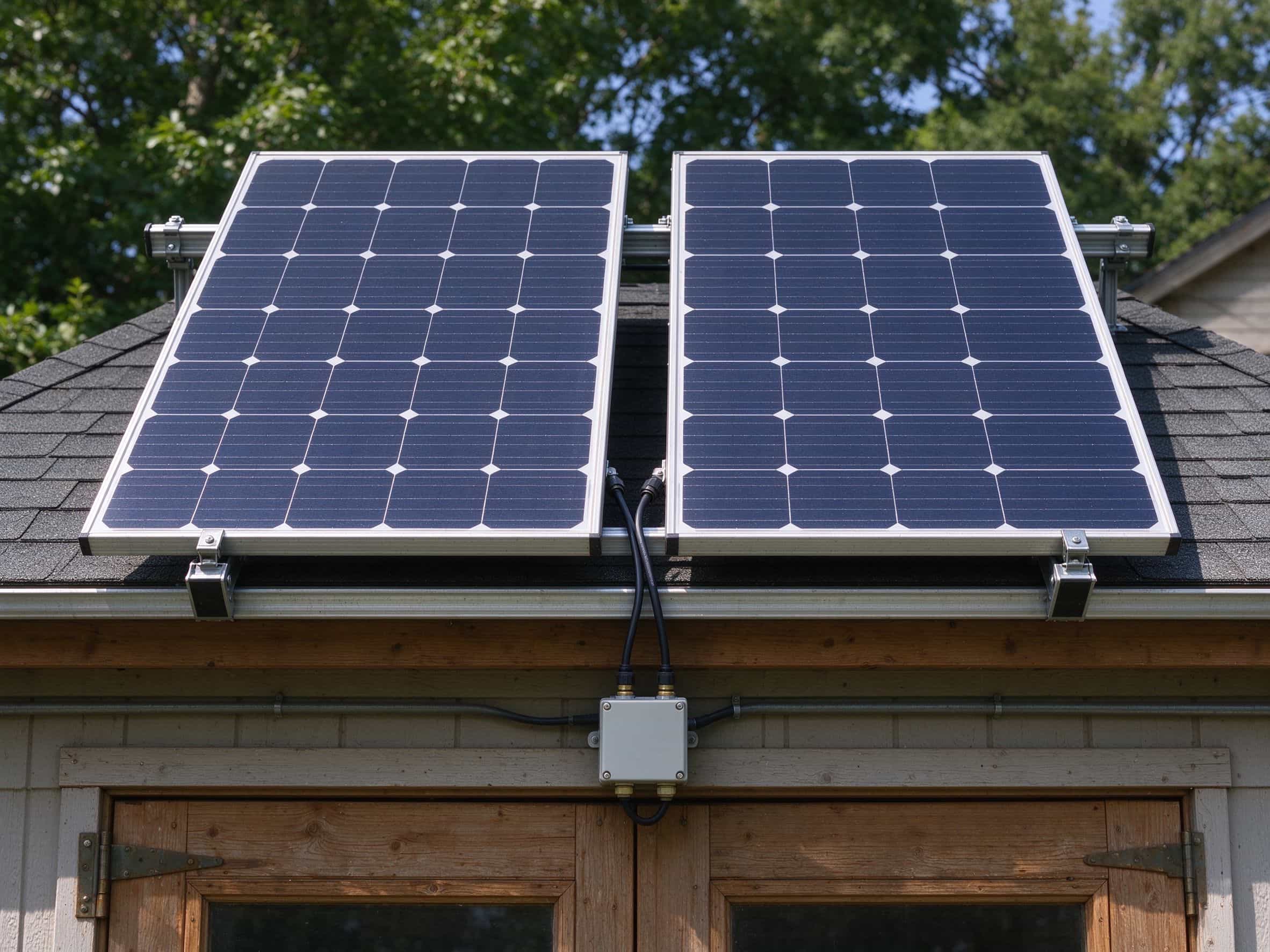 Close-up of two solar panels mounted on a shed roof rack with MC4 cables running down to a junction box