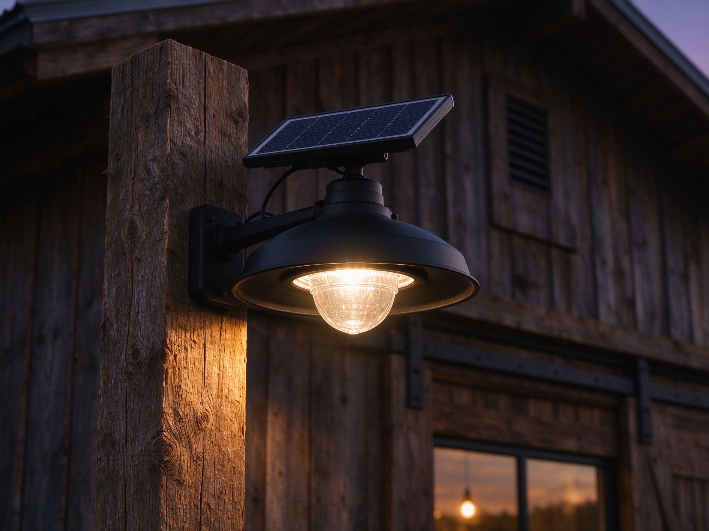  A black solar barn light fixture mounted on a rough wooden post with a small solar panel on top