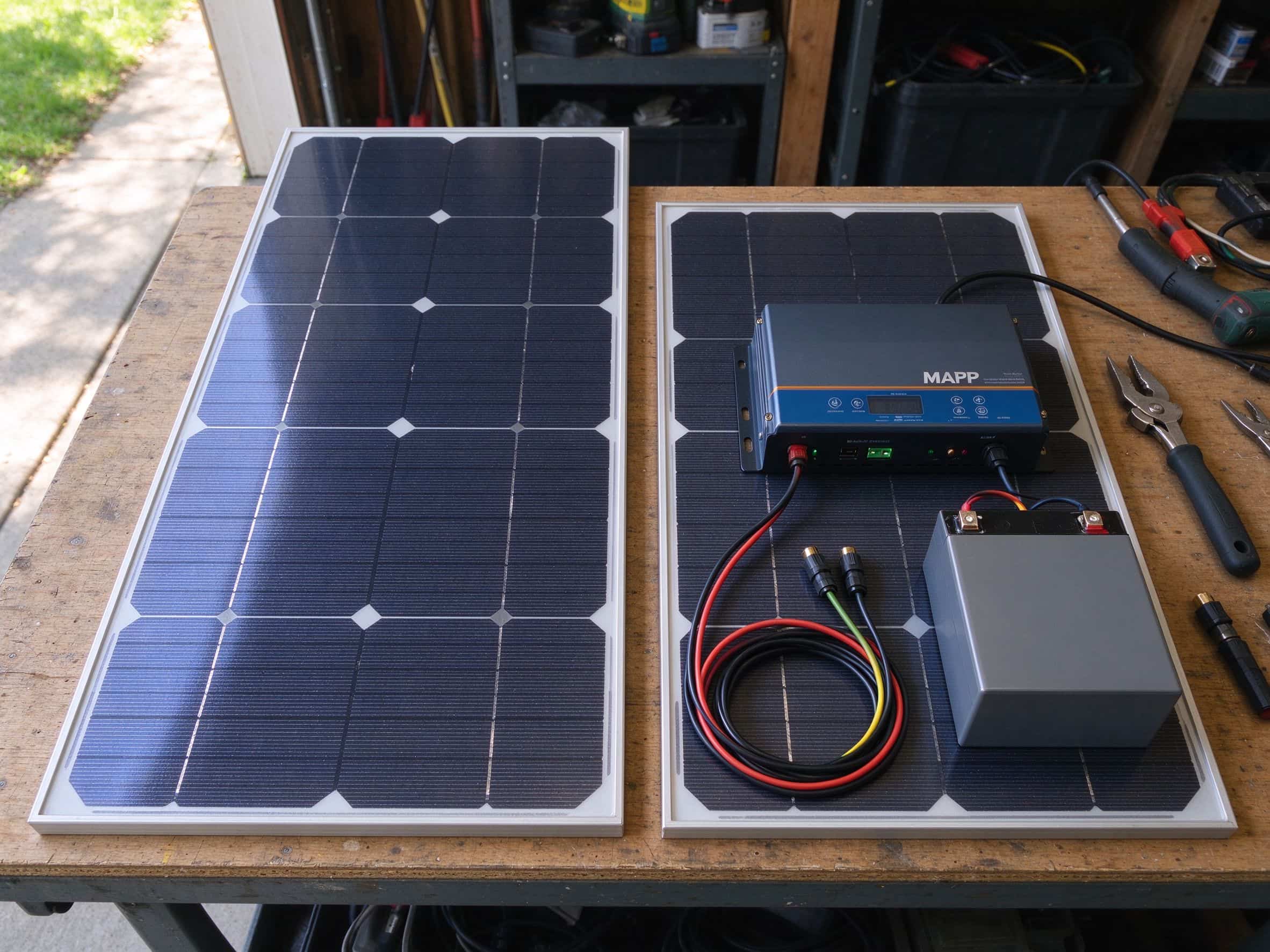 Solar kit parts laid out on a garage workbench including two panels, an MPPT charge controller, a lithium battery, and wiring