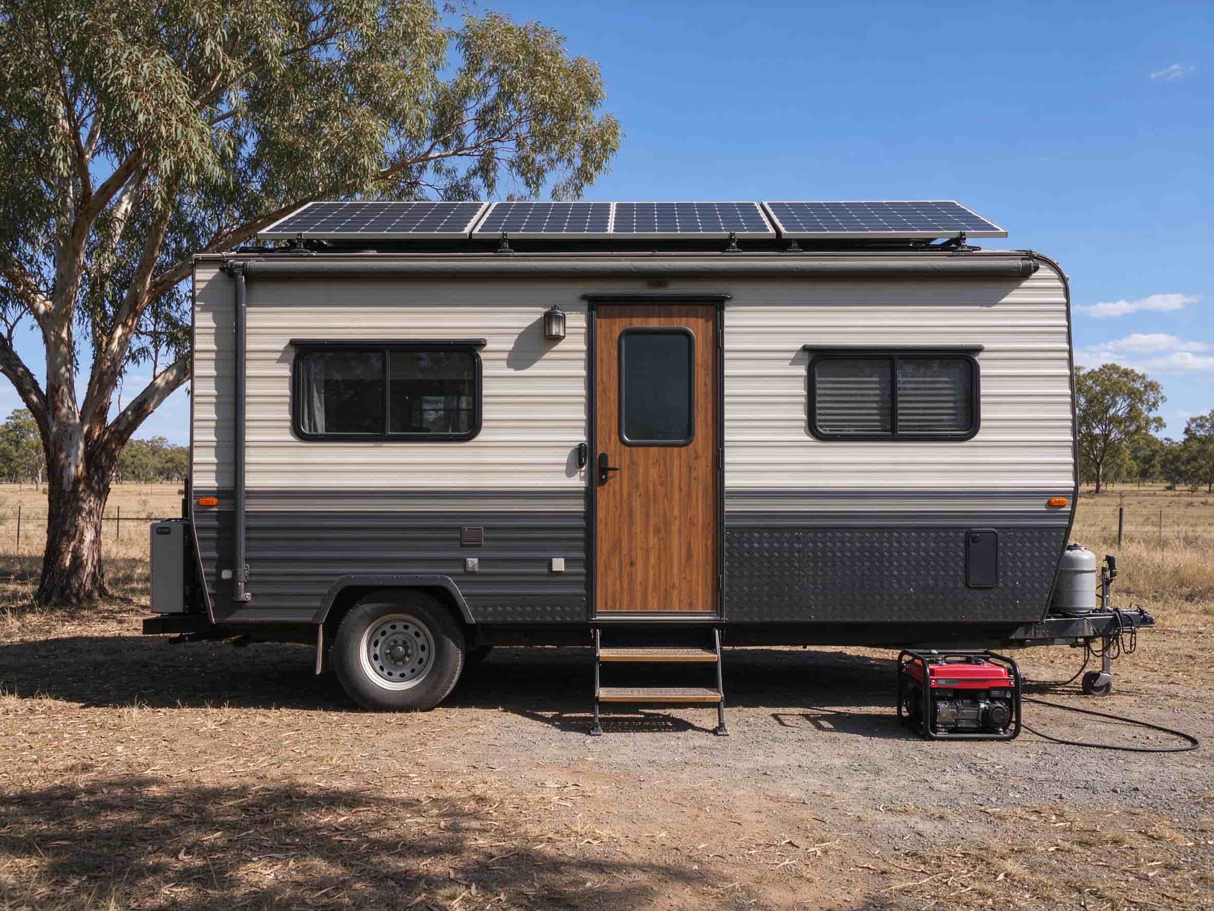 A small travel trailer RV with solar panels mounted on the roof parked in a rural setting