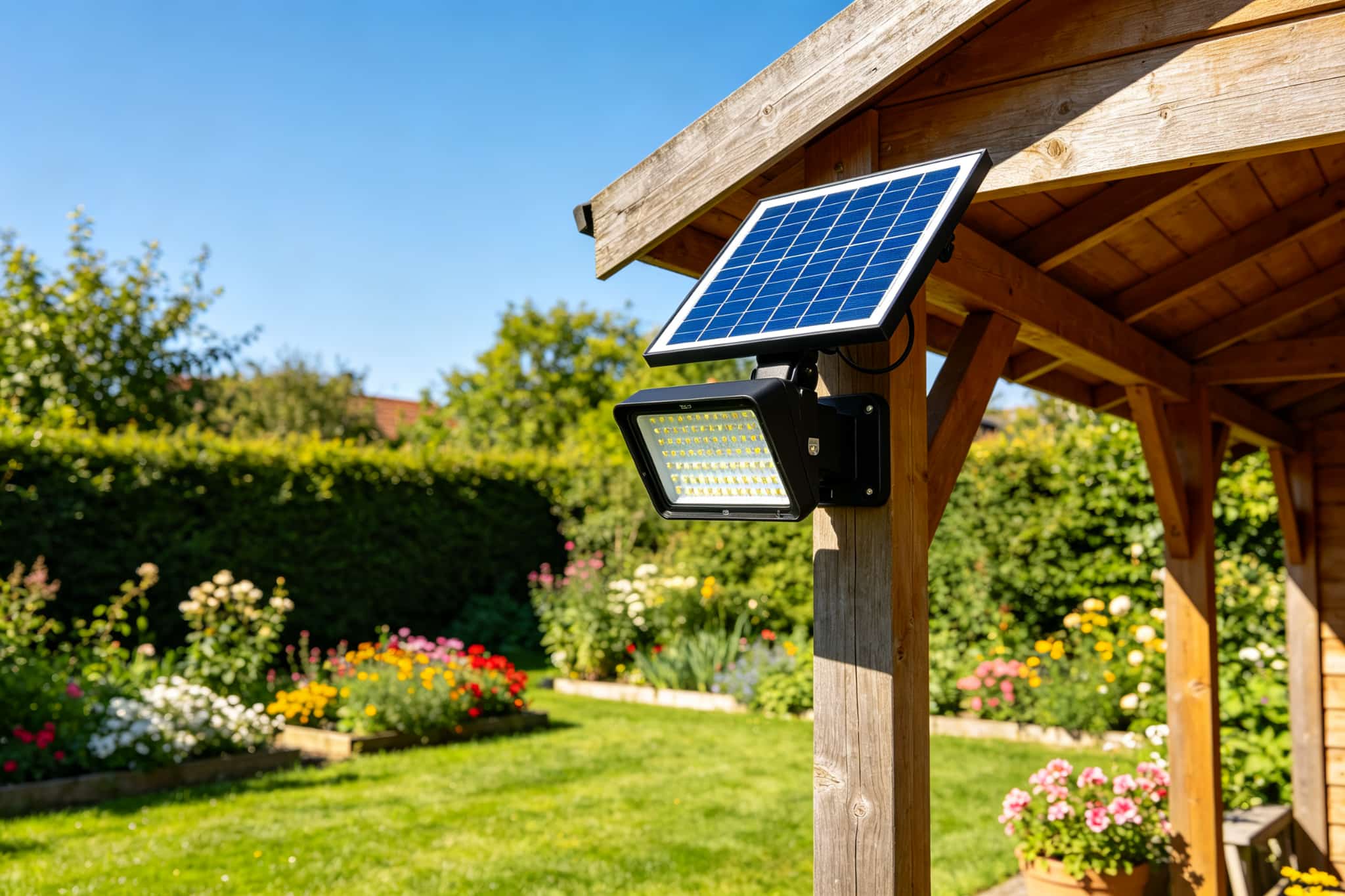 Solar LED flood light mounted under a garden shed eave receiving bright direct sunlight