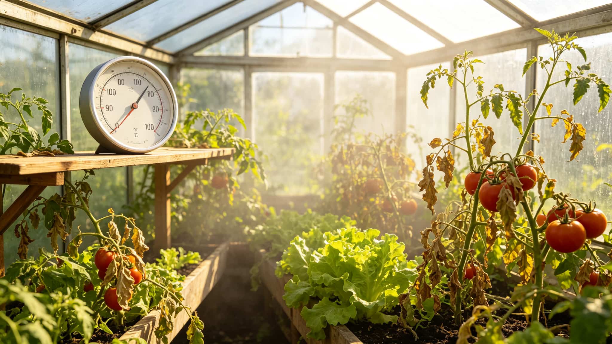 Overheated greenhouse interior with a round thermometer showing around 100 degrees Fahrenheit, wilted tomato and lettuce plants, heat haze in the air, no fan running