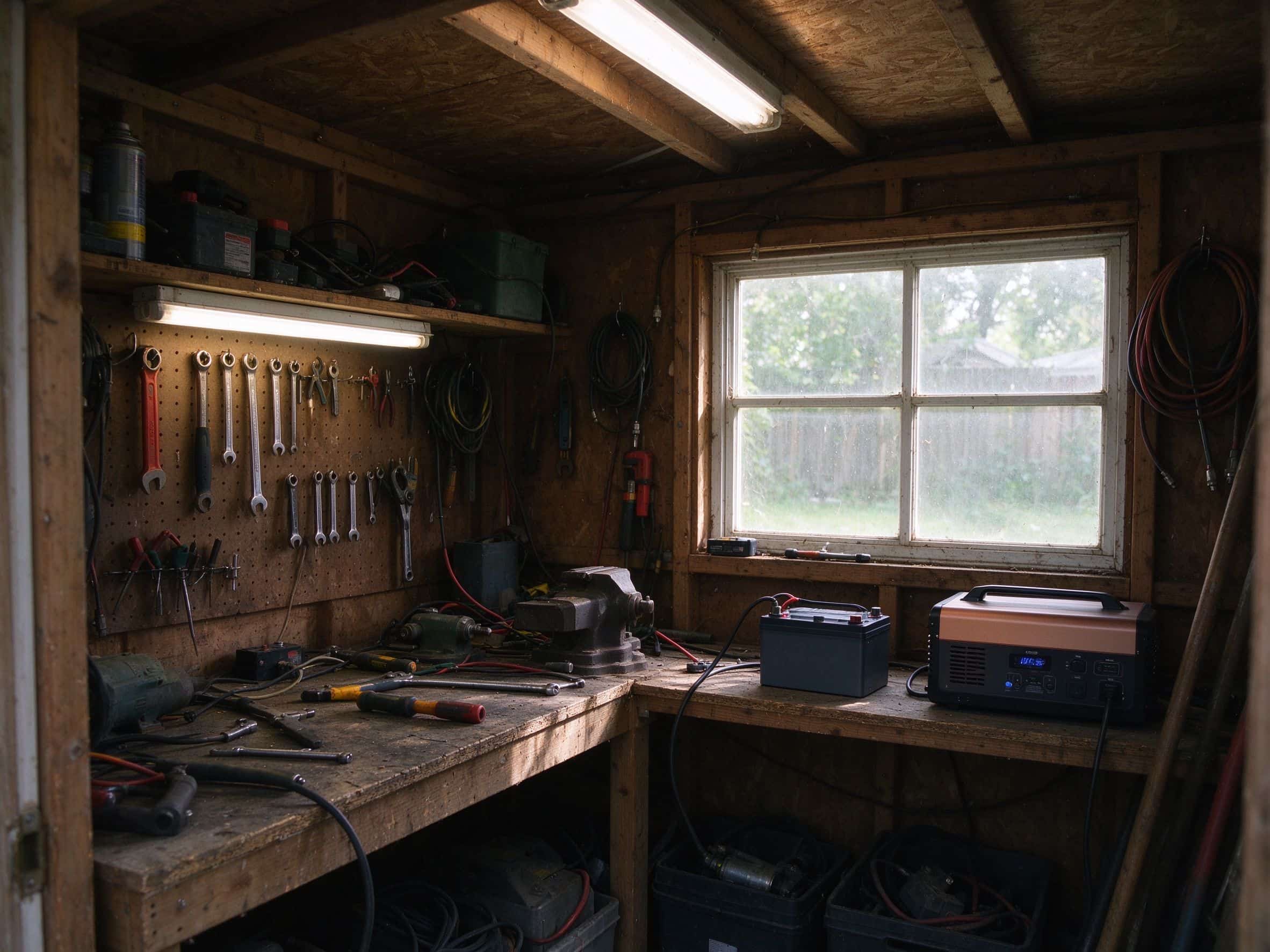 Inside a cluttered backyard workshop shed with a workbench, tools, a small battery and inverter on a shelf
