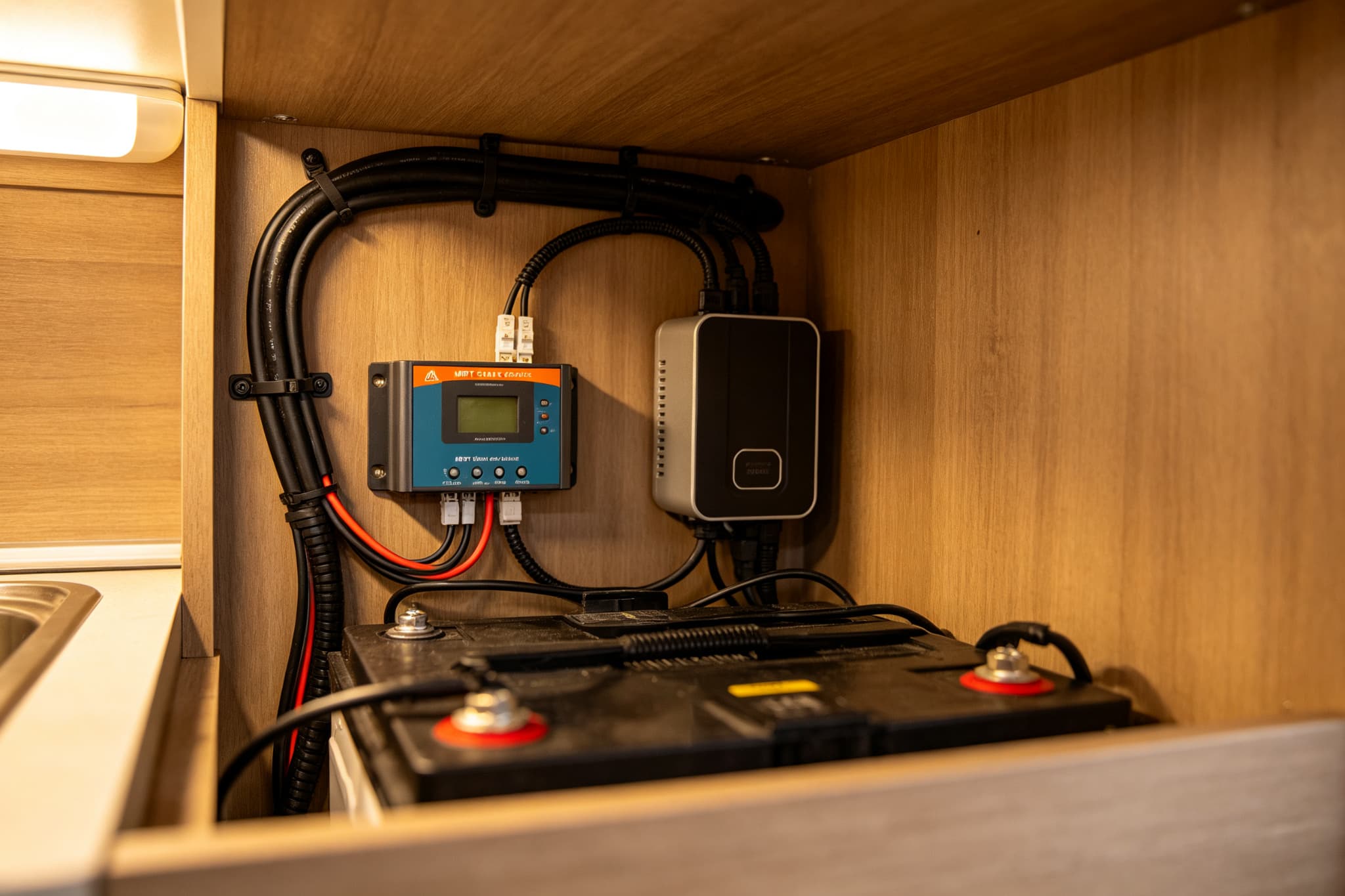 MPPT charge controller wired to lithium battery and inverter inside an RV storage compartment