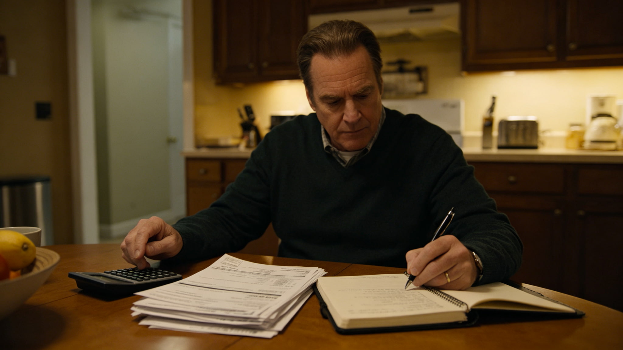 Homeowner sitting at kitchen table reviewing a stack of monthly electricity utility bills with calculator and notebook, calculating daily energy consumption